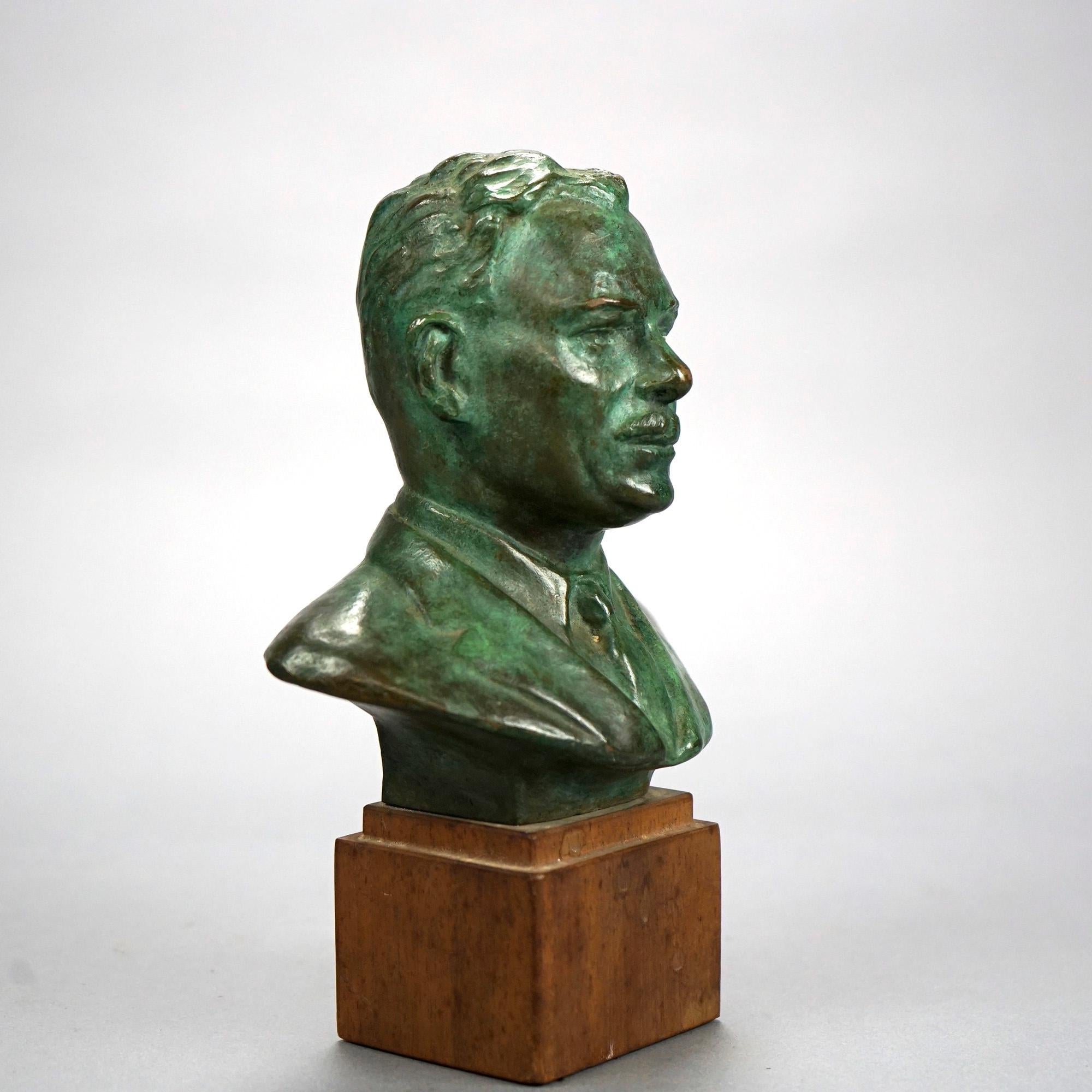 Bronze Bust Portrait Sculpture of a Man on Wooden Plinth by John Terkeni 20th C 1