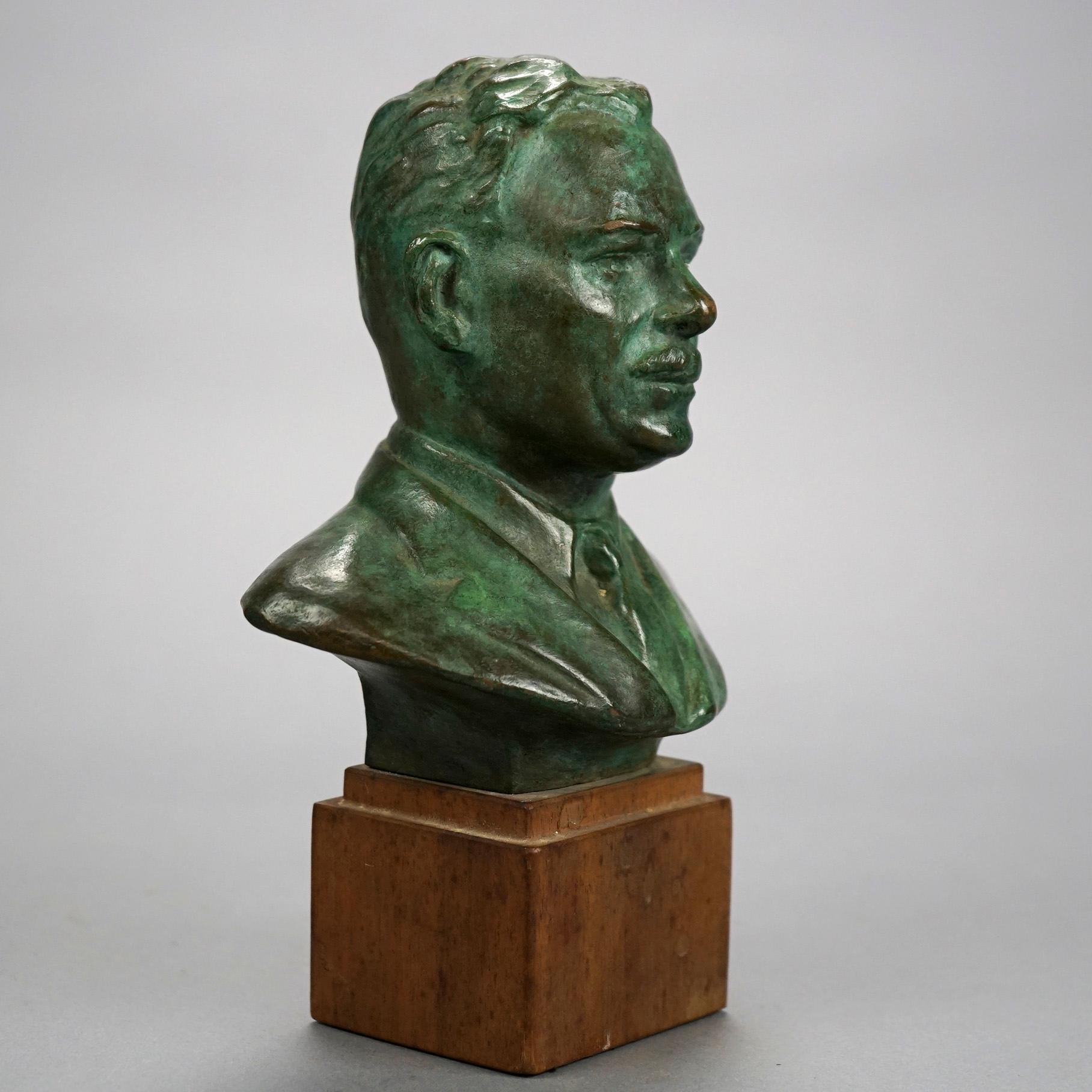 Bronze Bust Portrait Sculpture of a Man on Wooden Plinth by John Terkeni 20th C 2