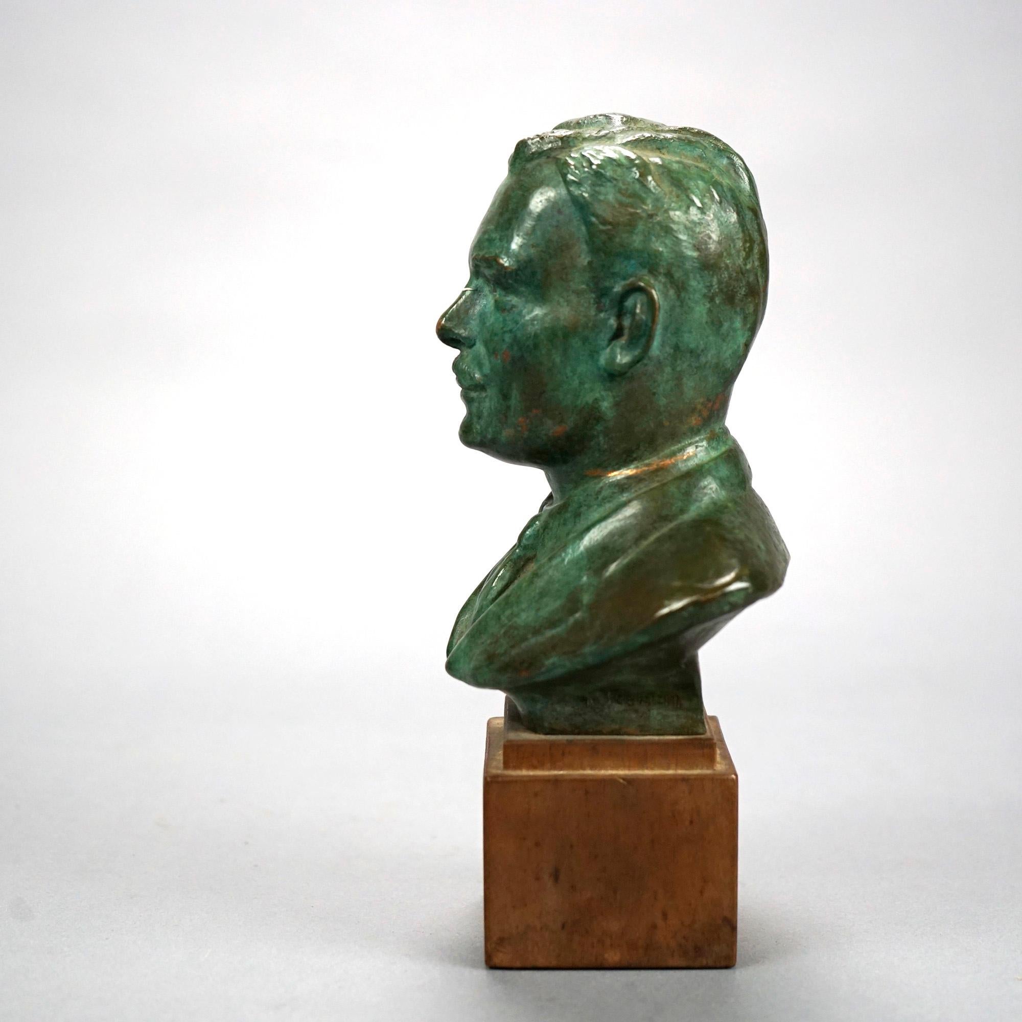 Bronze Bust Portrait Sculpture of a Man on Wooden Plinth by John Terkeni 20th C 3