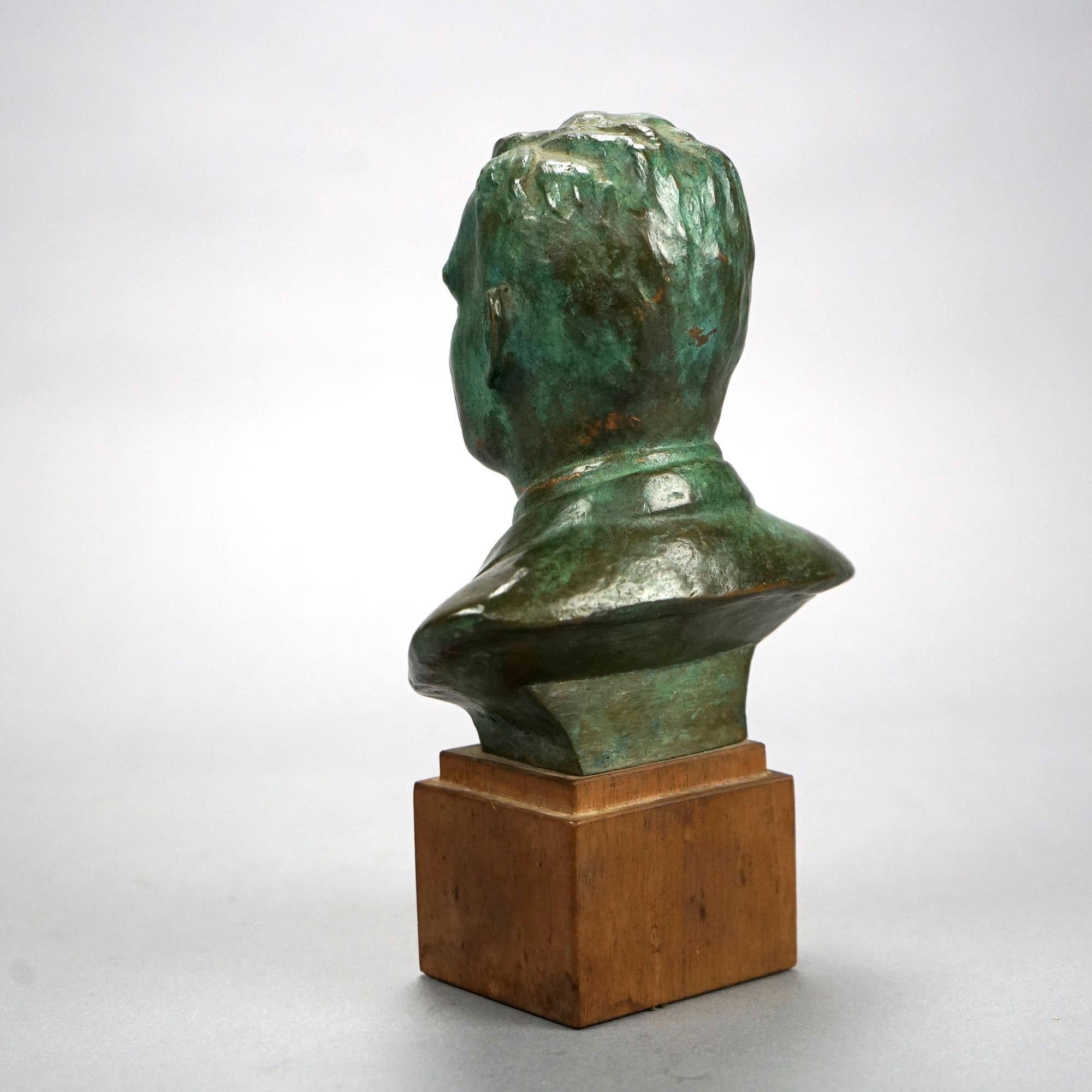 Bronze Bust Portrait Sculpture of a Man on Wooden Plinth by John Terkeni 20th C 4