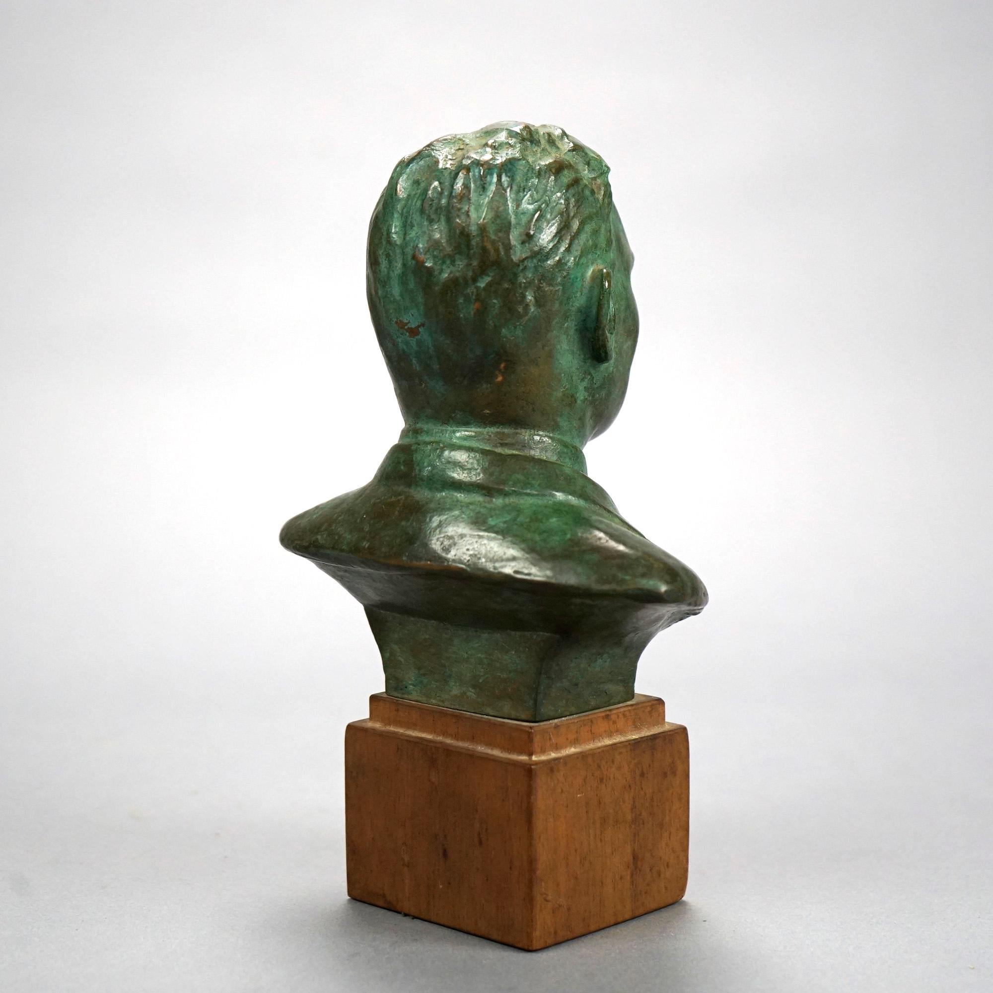 Bronze Bust Portrait Sculpture of a Man on Wooden Plinth by John Terkeni 20th C 5