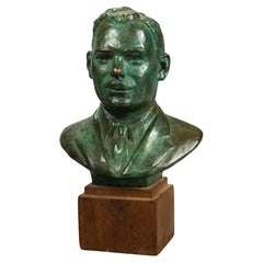 Bronze Bust Portrait Sculpture of a Man on Wooden Plinth by John Terkeni 20th C