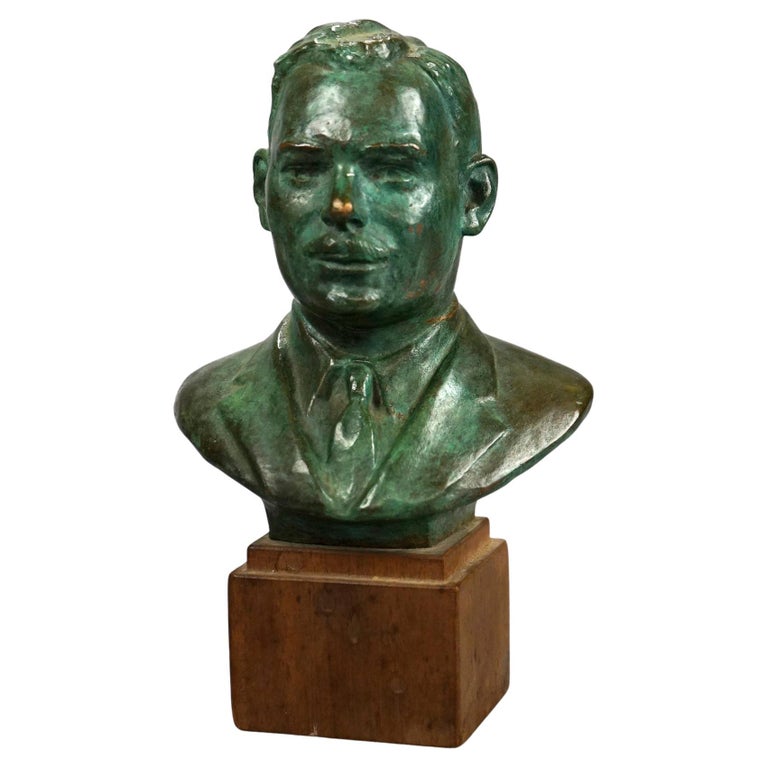 Bronze Bust Portrait Sculpture of a Man on Wooden Plinth by John
