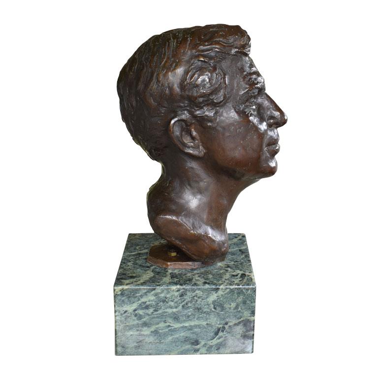 American Bronze Bust Sculpture Att. Will Rogers on Green Stone Base by Leonard McMurry For Sale