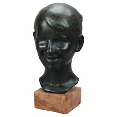 Bronze Bust Sculpture of Young Lady on Rouge Marble Plinth by Sovari, 20th C