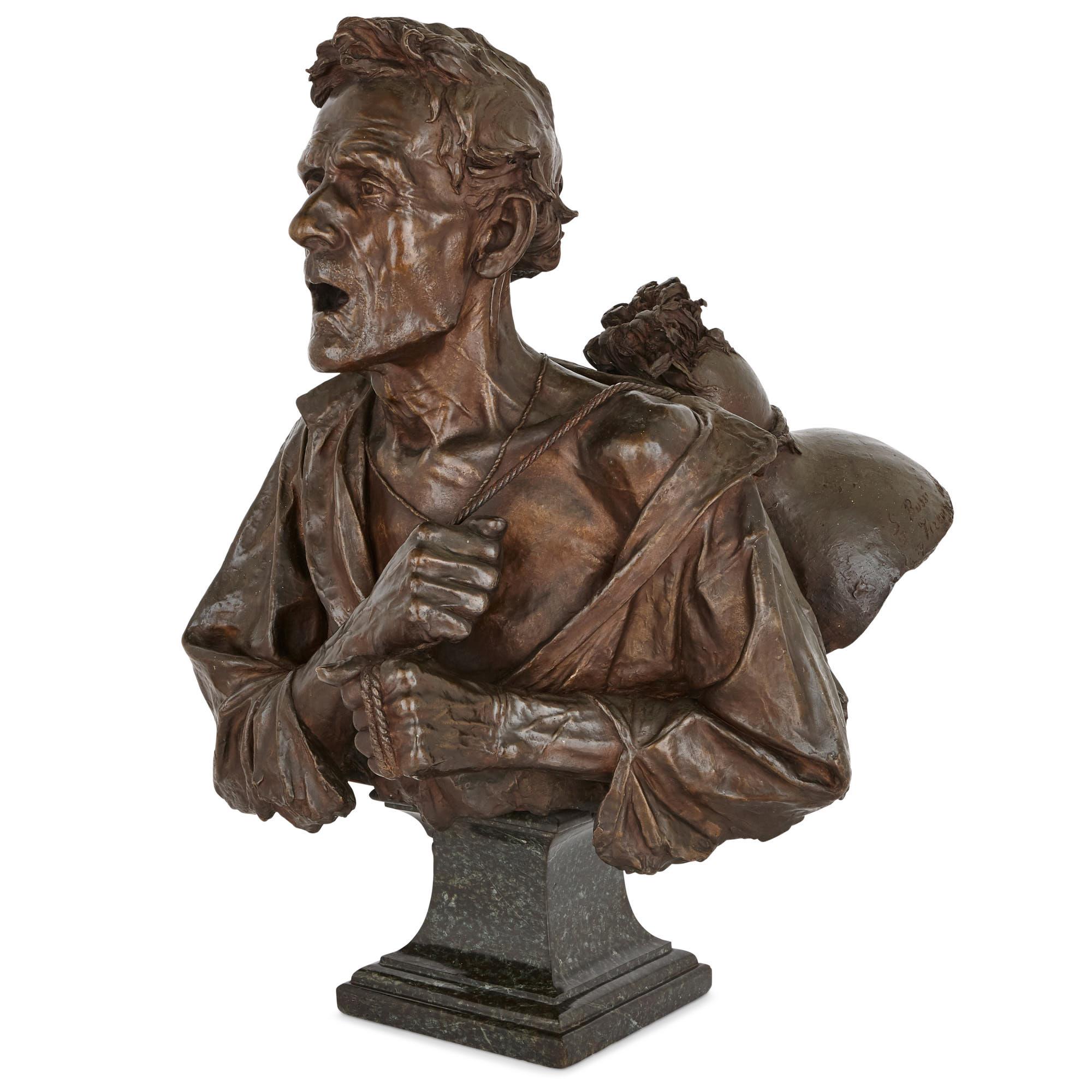 This strikingly naturalistic bronze sculpture was created in Florence in 1895. The bust depicts an elderly man, most likely a farm worker, carrying a heavy sack of grain over his shoulder. He wears an old slightly ragged shirt which is open at his