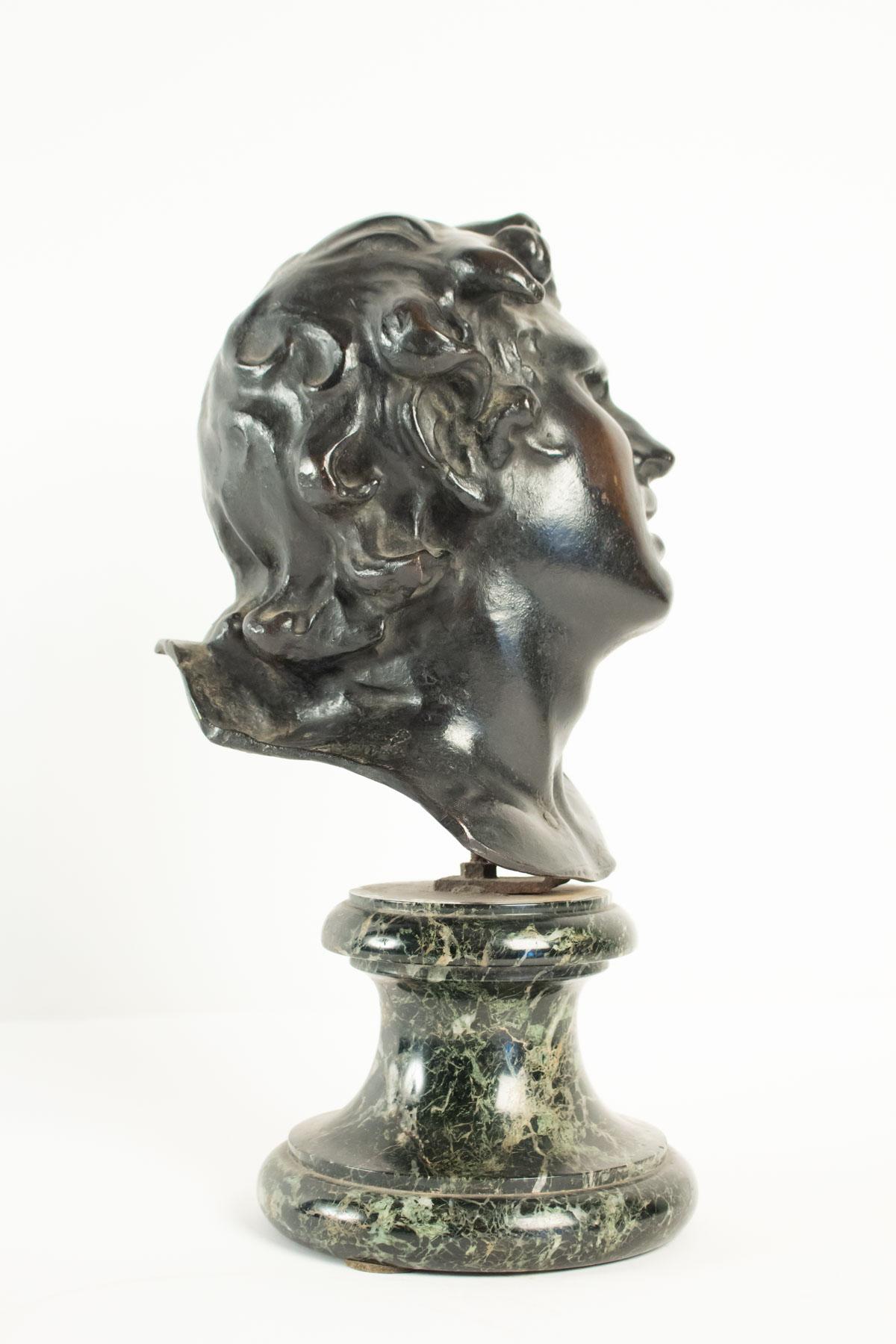 French Bronze Bust with a Base of Sea Green Marble, 19th Century, Period Neoclassical