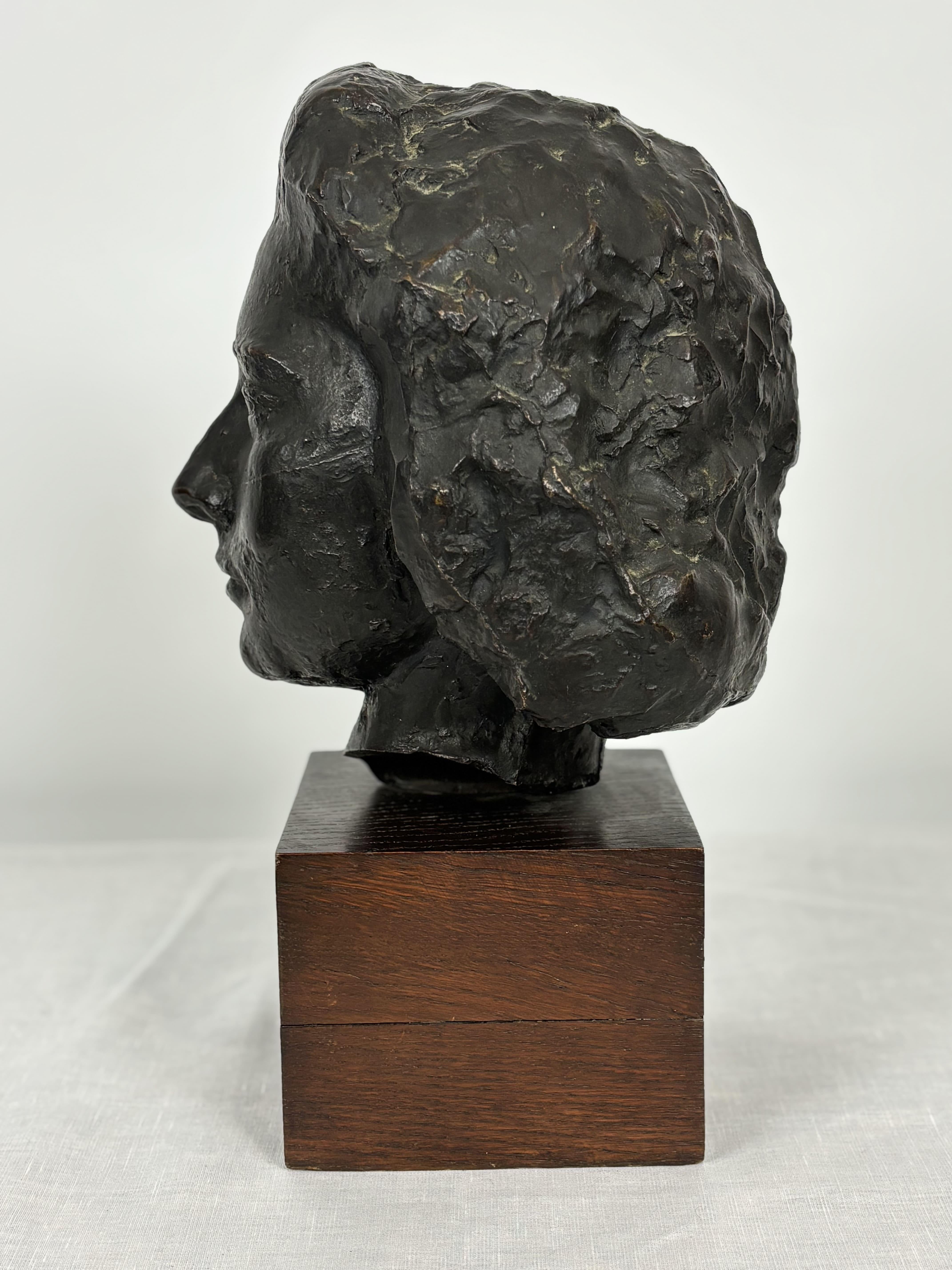 Bronze Bust Woman's Head On Wooden Base, Brown Patina. 3