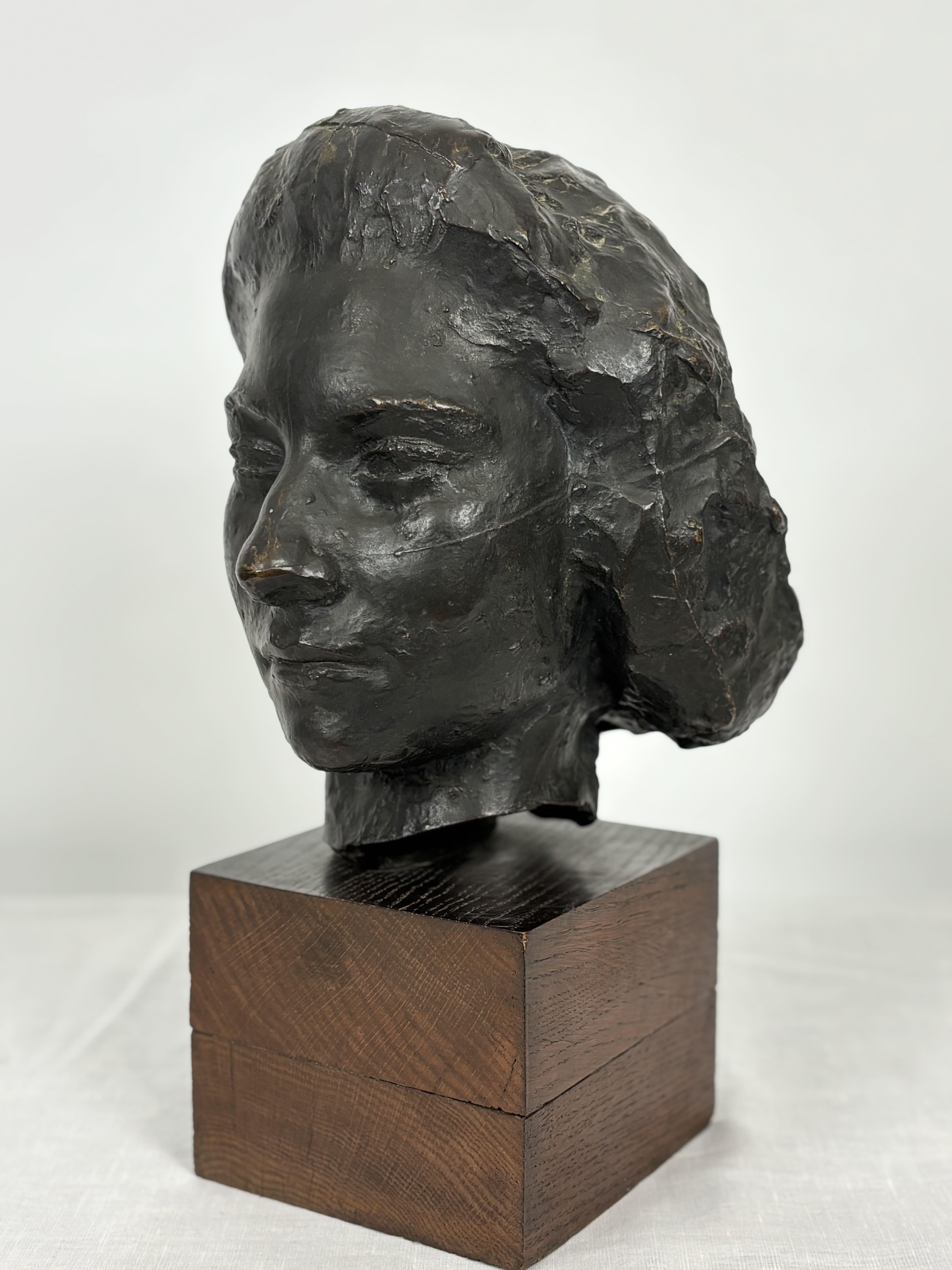Bronze Bust Woman's Head On Wooden Base, Brown Patina. 4