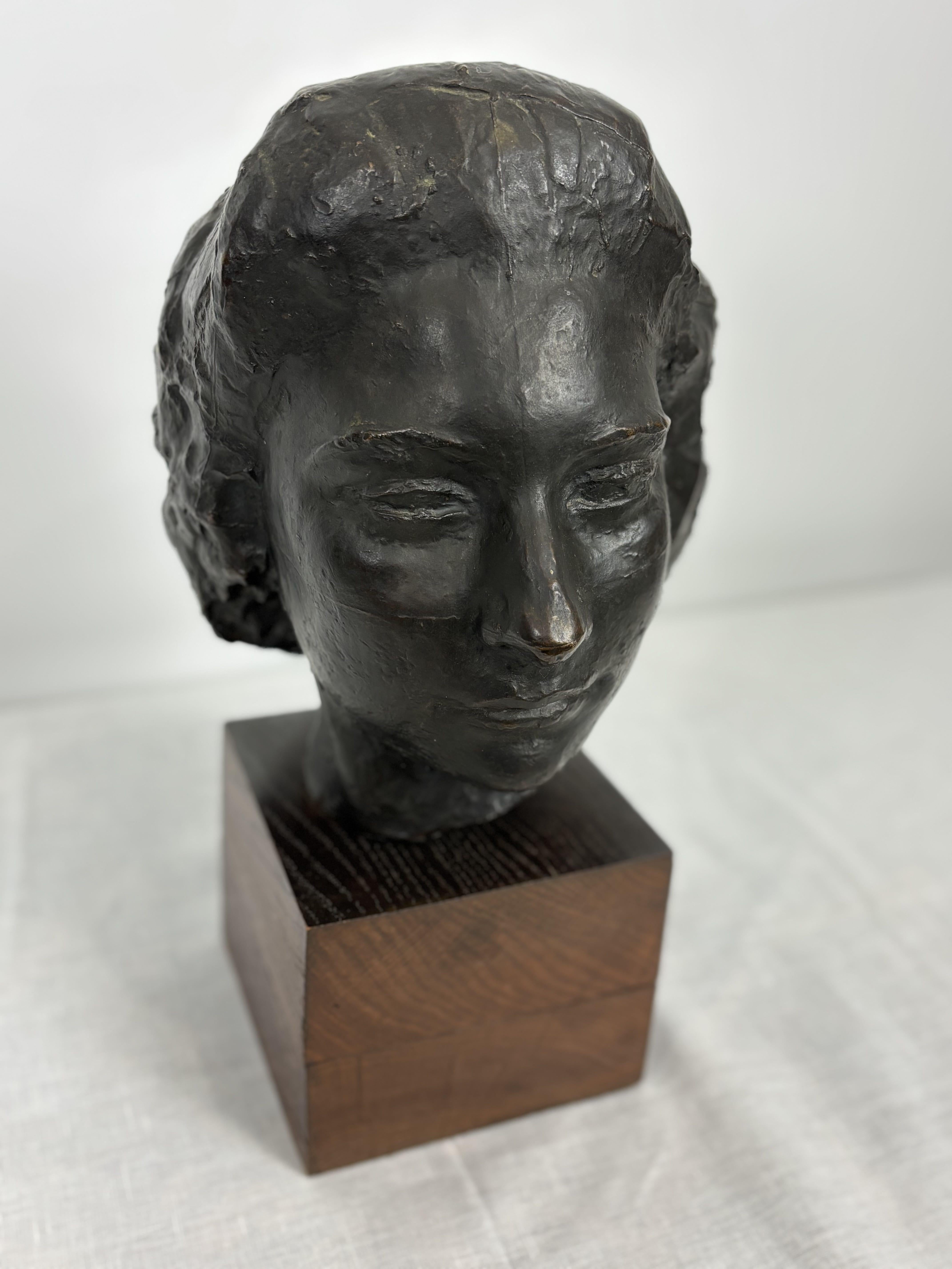 Bronze Bust Woman's Head On Wooden Base, Brown Patina. 5