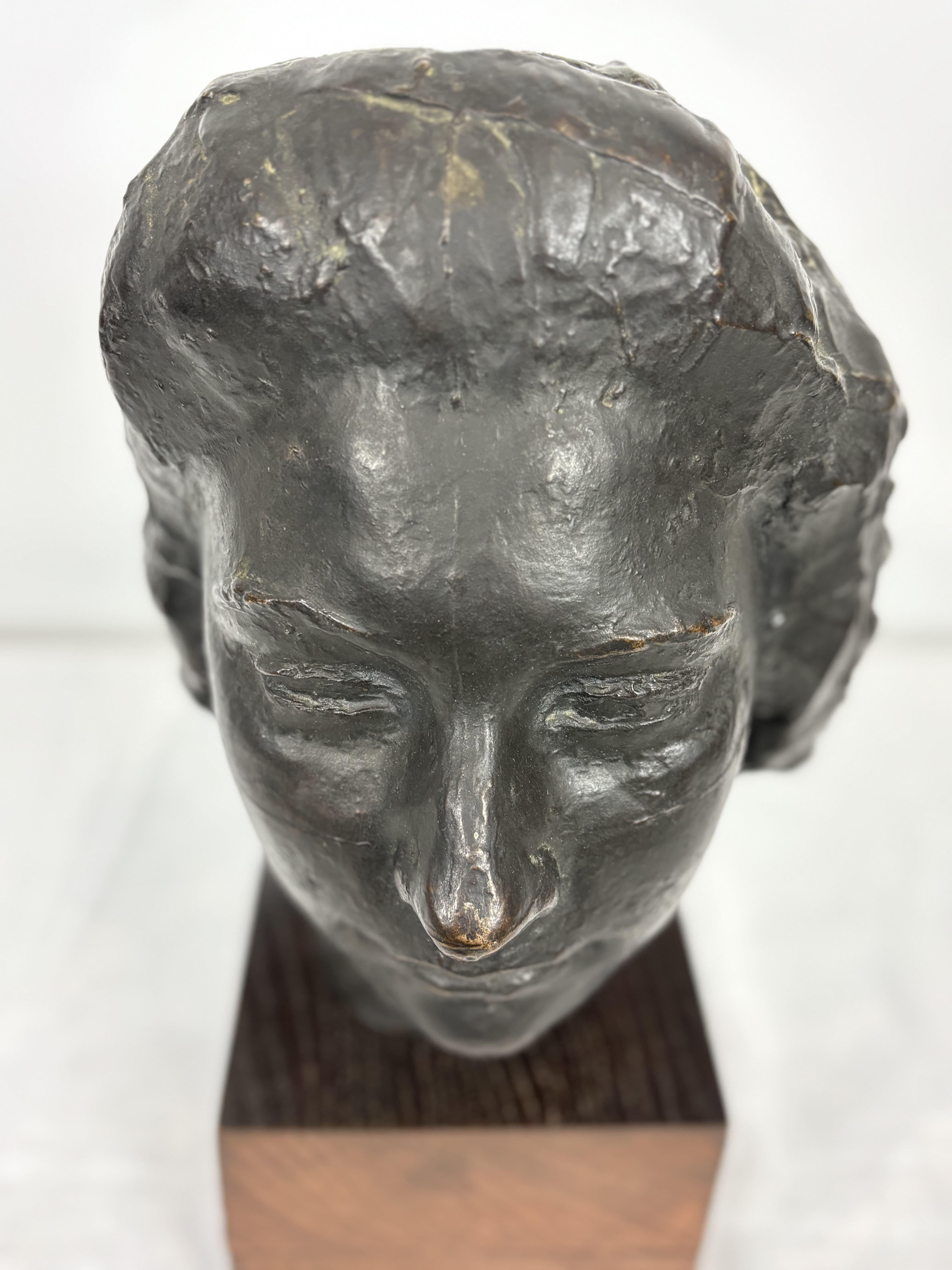 Bronze Bust Woman's Head On Wooden Base, Brown Patina. 6