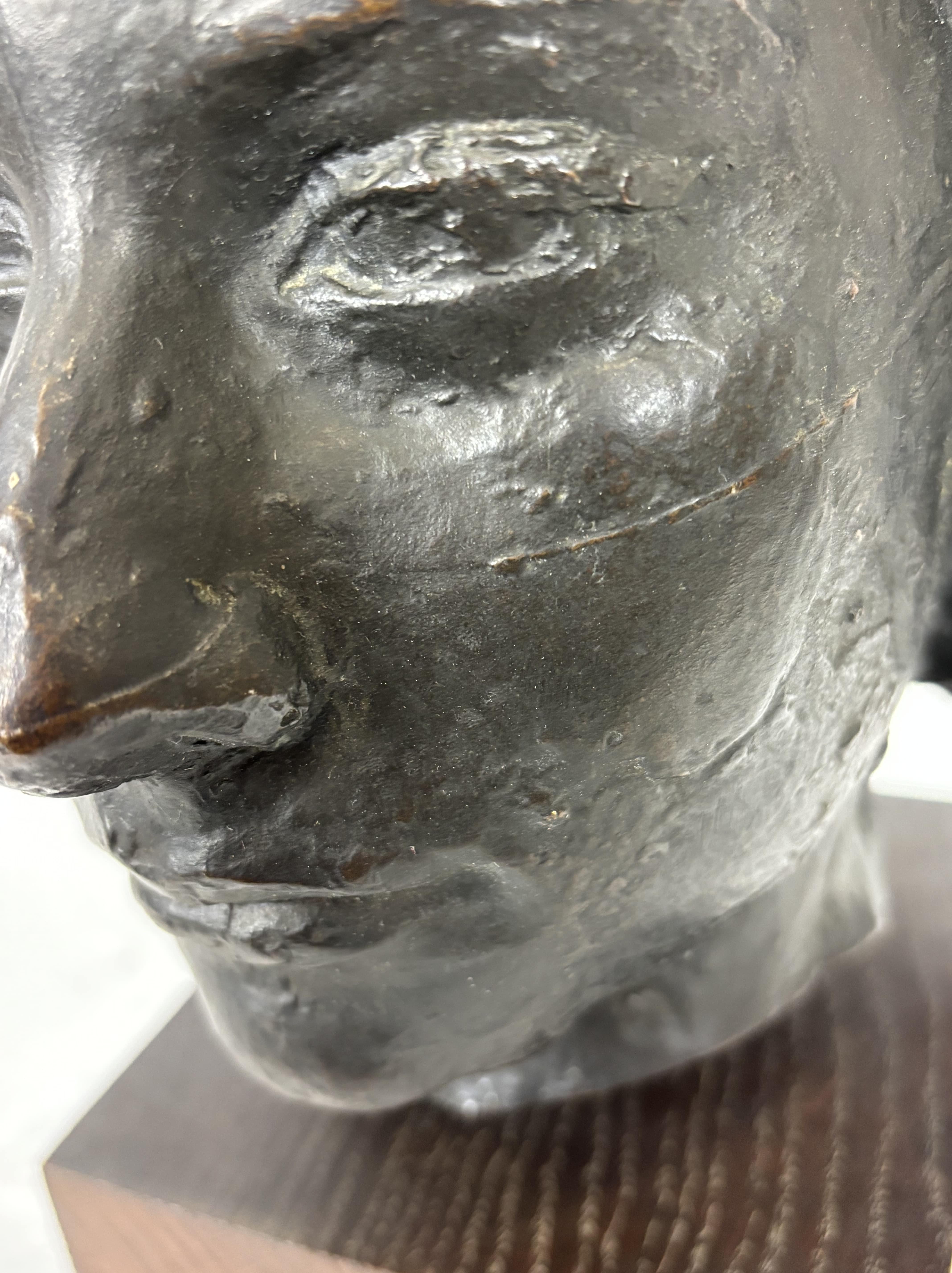 Bronze Bust Woman's Head On Wooden Base, Brown Patina. 8