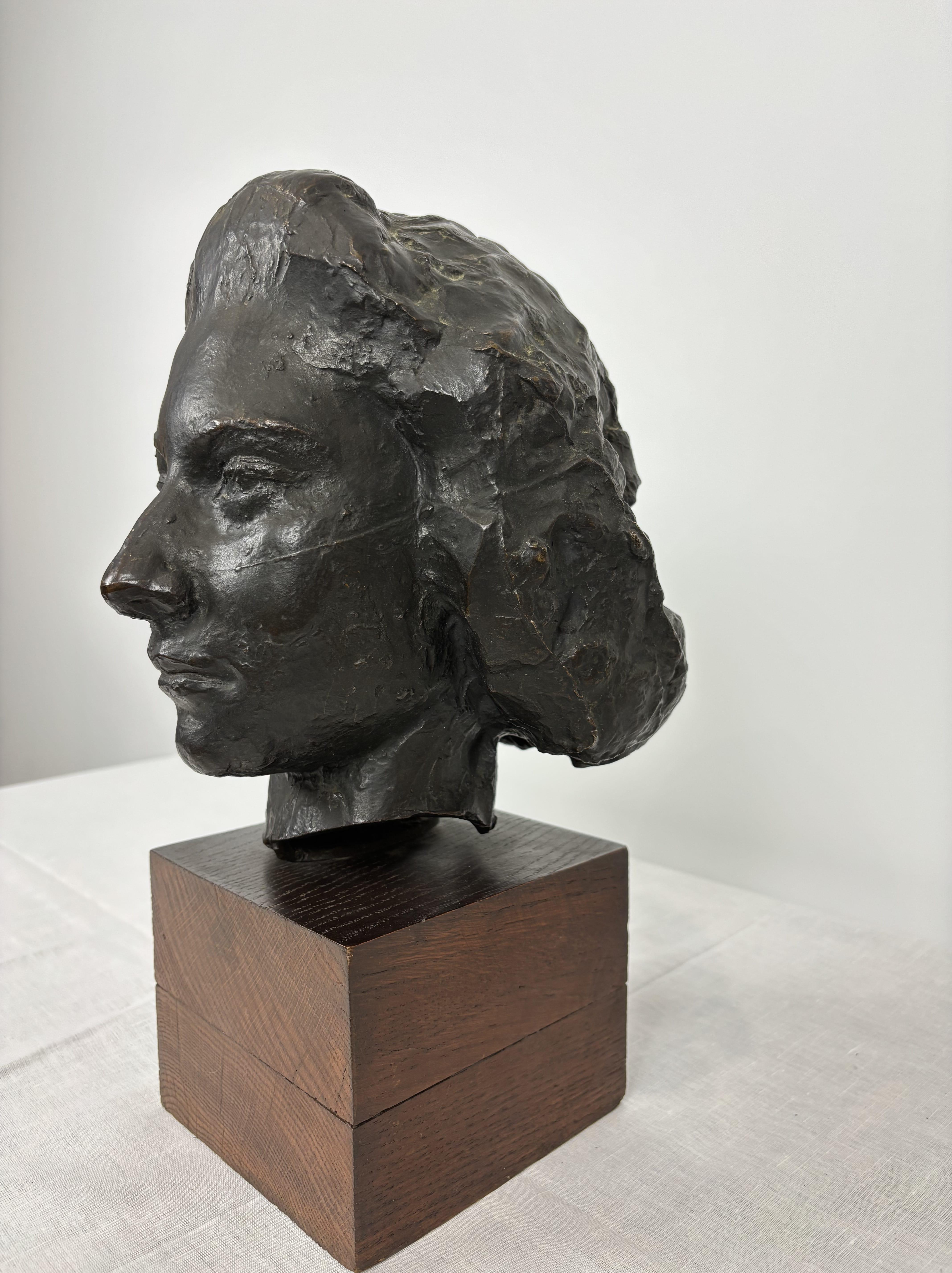Bronze Bust Woman's Head On Wooden Base, Brown Patina. 10