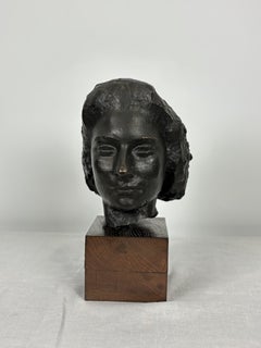 Bronze Bust Woman's Head On Wooden Base, Brown Patina.