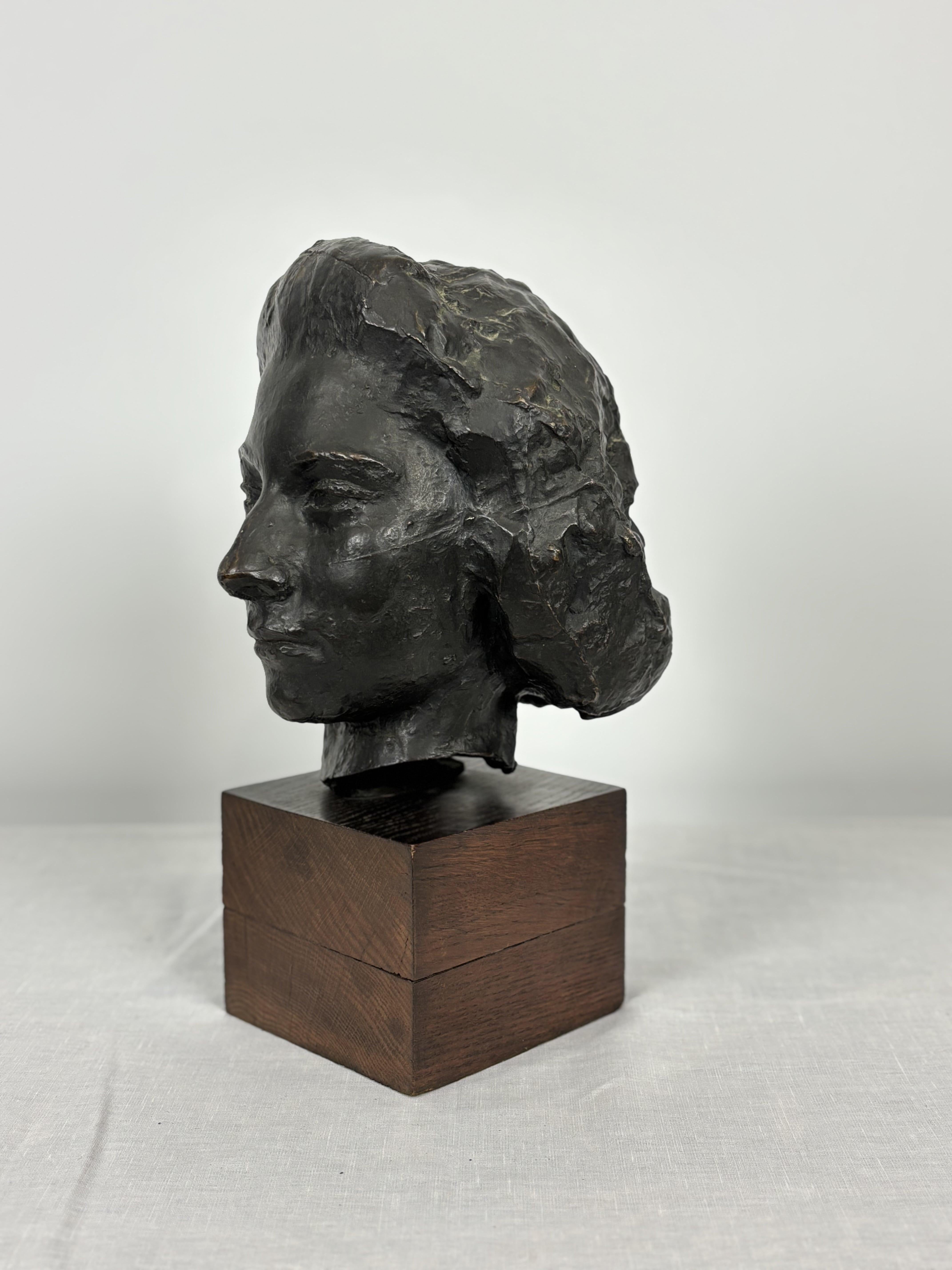 Art Deco Bronze Bust Woman's Head On Wooden Base, Brown Patina.