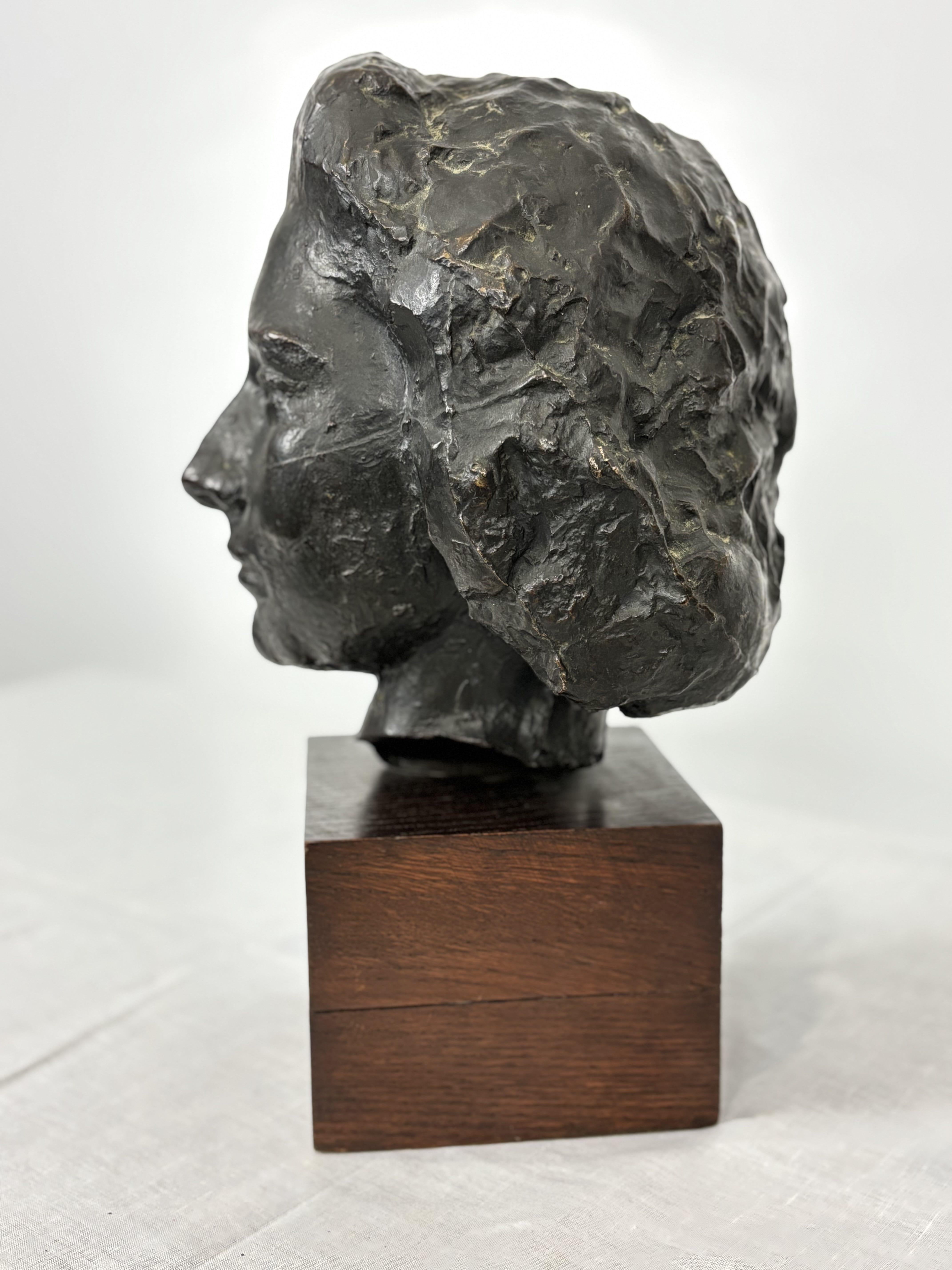 French Bronze Bust Woman's Head On Wooden Base, Brown Patina.