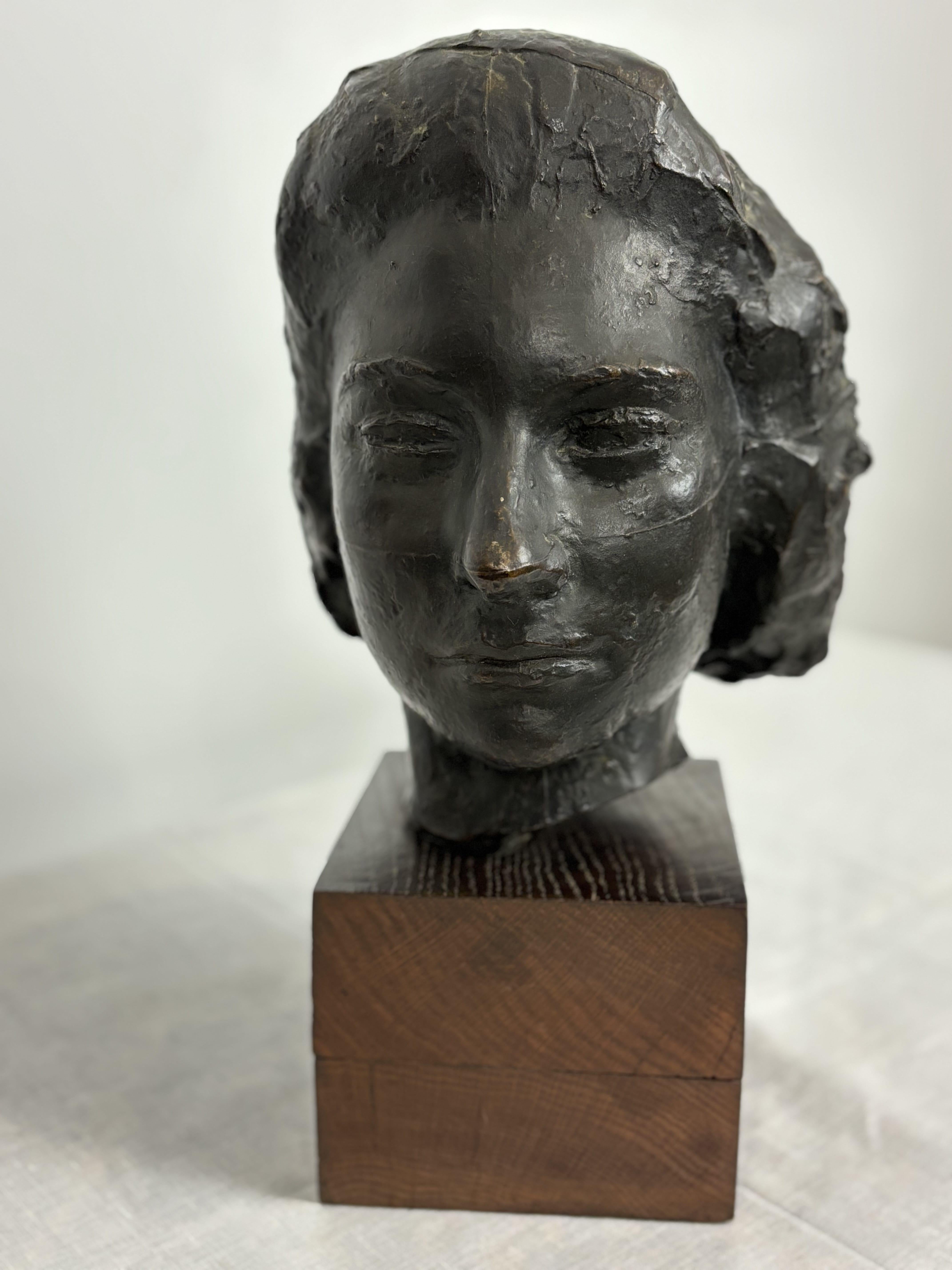 Patinated Bronze Bust Woman's Head On Wooden Base, Brown Patina.