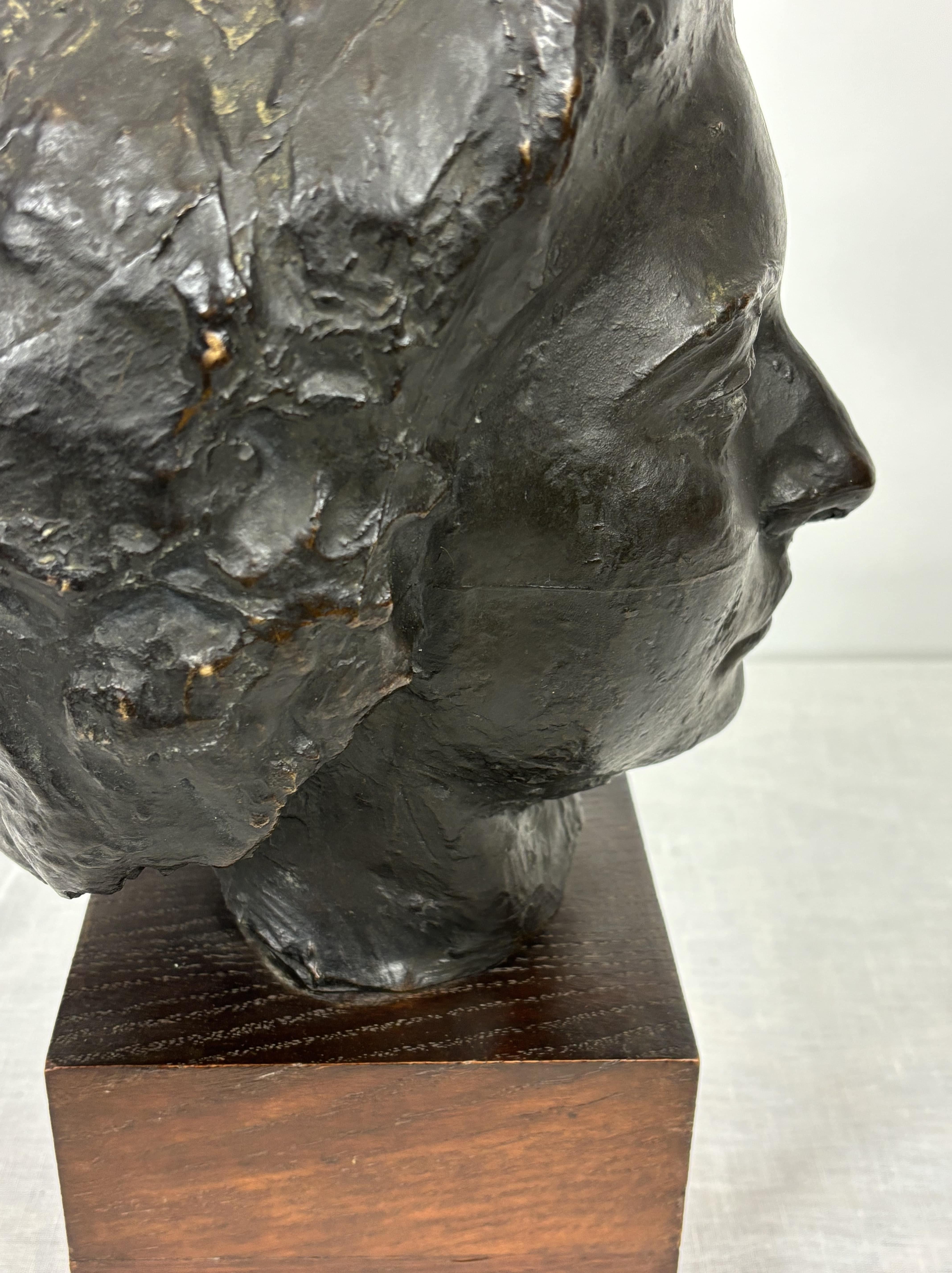 Bronze Bust Woman's Head On Wooden Base, Brown Patina. 1