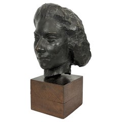 Bronze Bust Woman's Head On Wooden Base, Brown Patina.