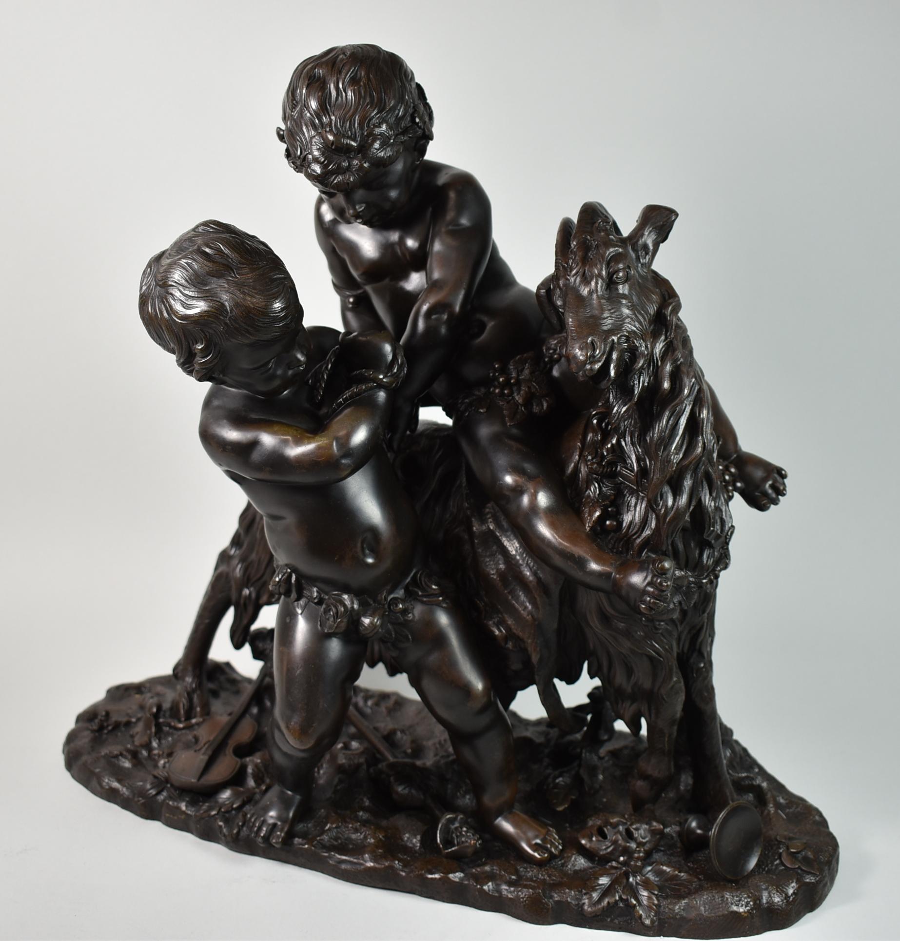 Large French Rococo style bronze figural group of cherubs and a goat by Henri Picard (1840-90). Small stamp on bottom of base 0000 HPICARD. Base is modeled after a similar sculpture by Claude Michael Clodion (1738-1814). Many Picard statues were