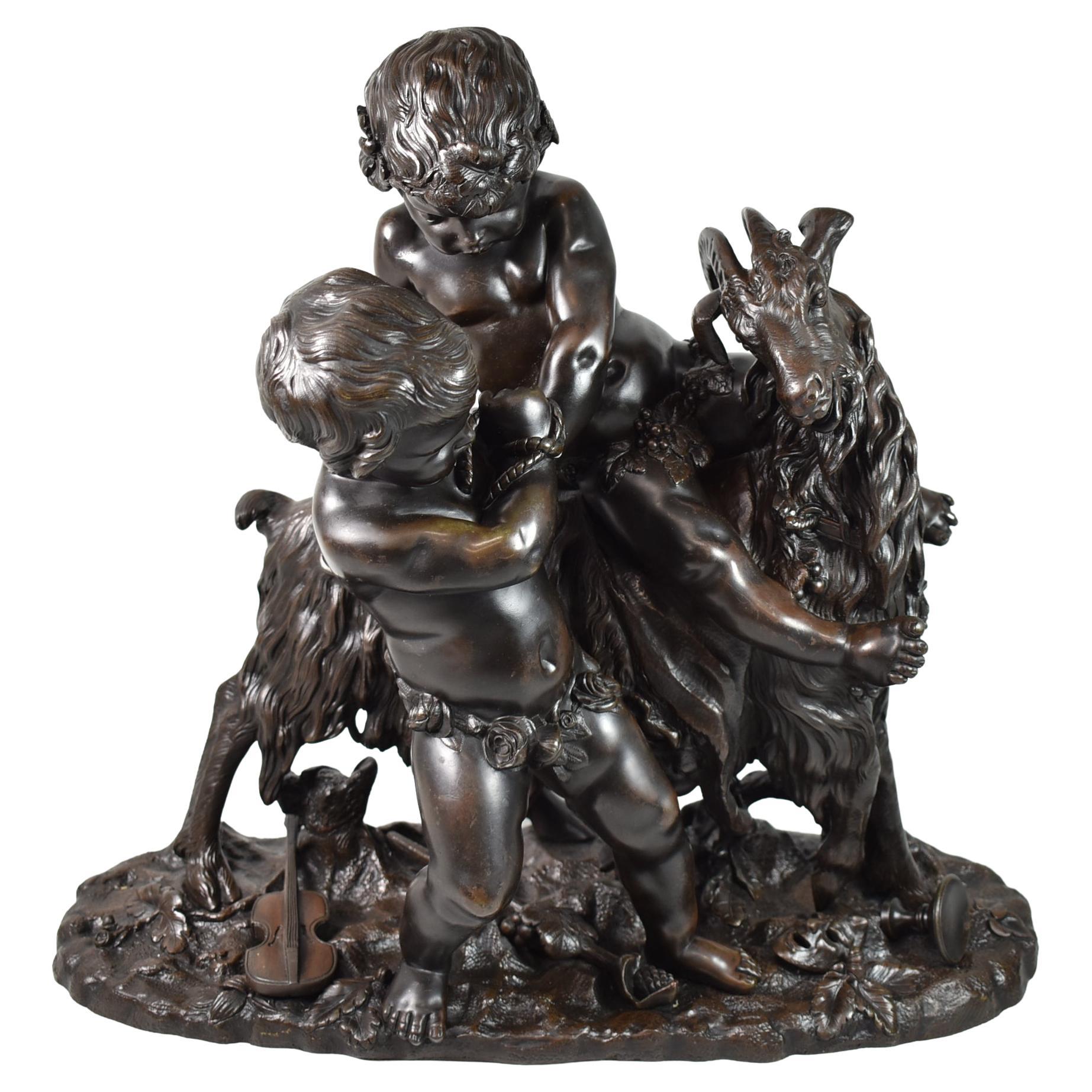 Bronze by Henri Picard Rococo Style Statue Children / Cherubs and Goat For Sale