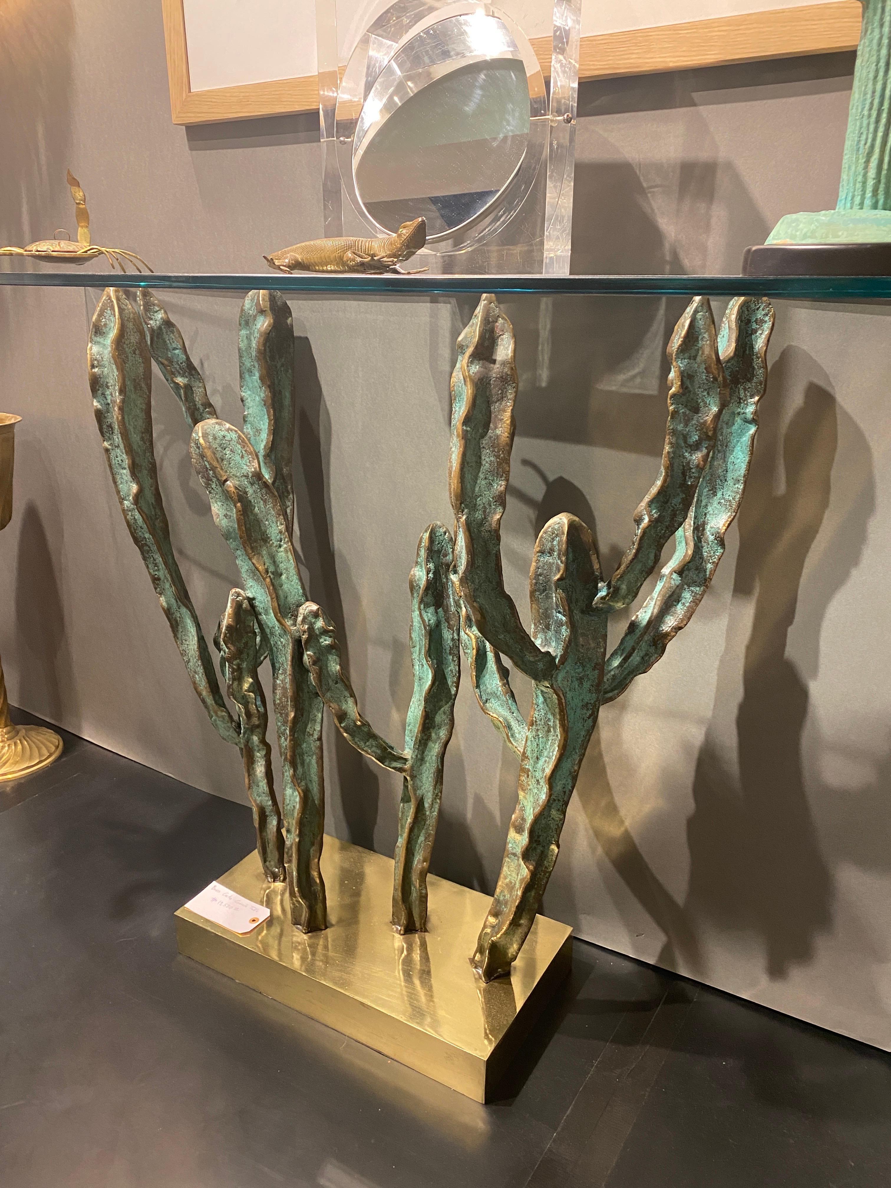 Patinated Bronze Cactus Sculpture / Console Table For Sale