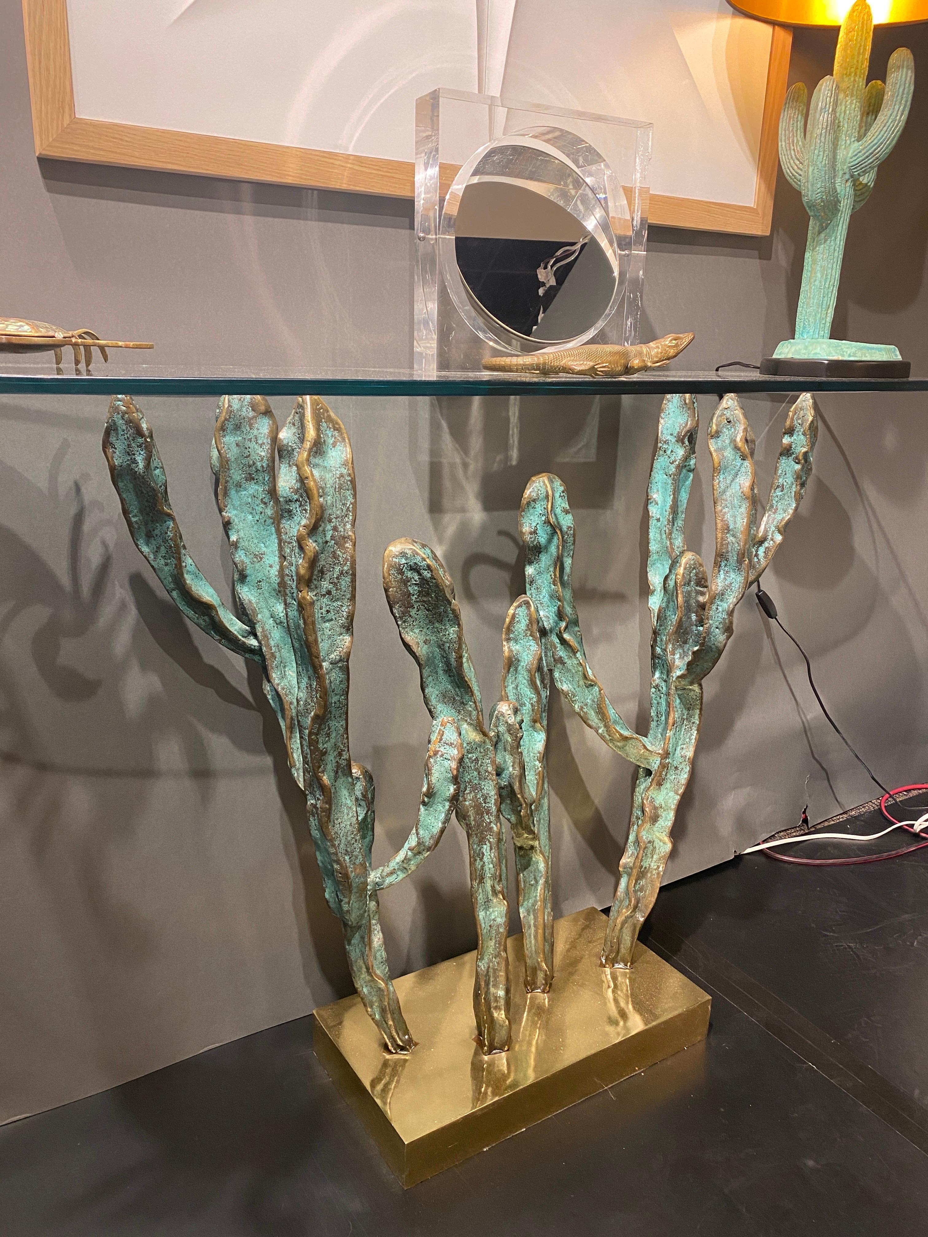 Contemporary Bronze Cactus Sculpture / Console Table For Sale
