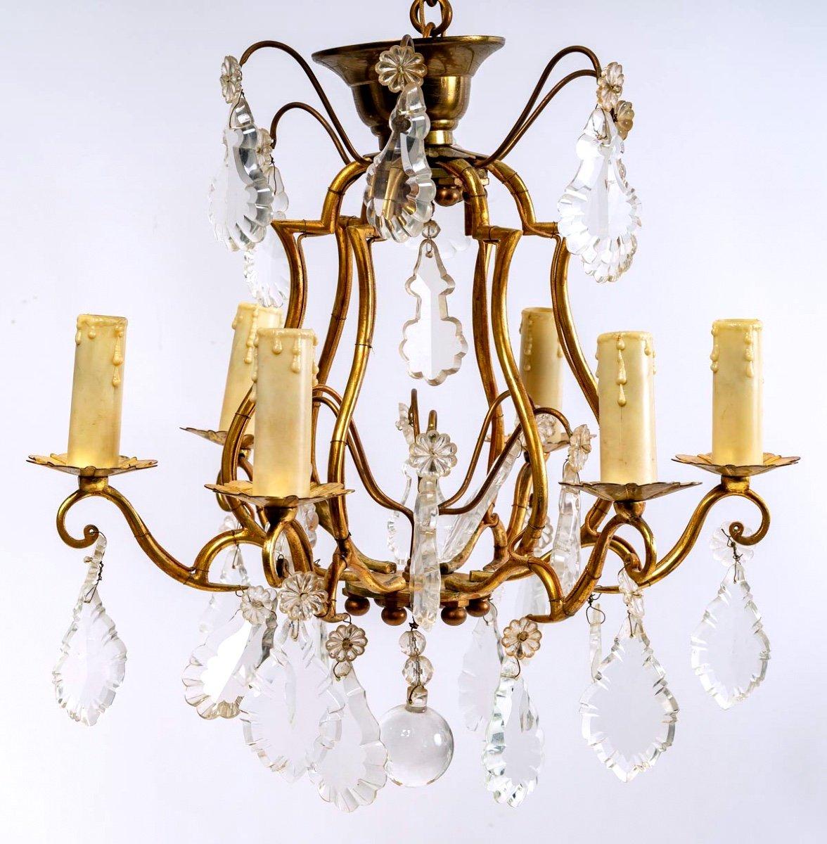 Bronze Cage Chandelier and Crystal Pendants, Six Lights, Style Louis XV, 20th In Excellent Condition For Sale In CRÉTEIL, FR