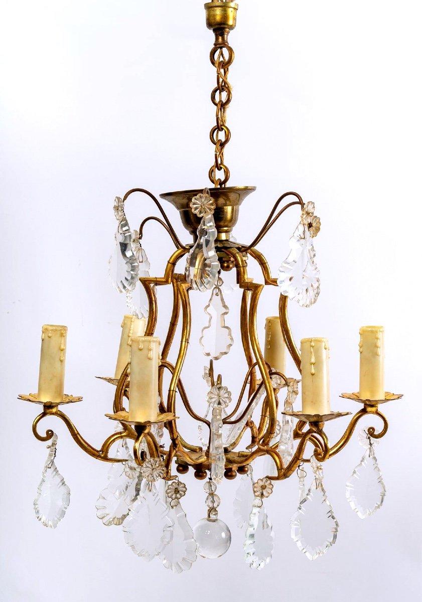 20th Century Bronze Cage Chandelier and Crystal Pendants, Six Lights, Style Louis XV, 20th For Sale