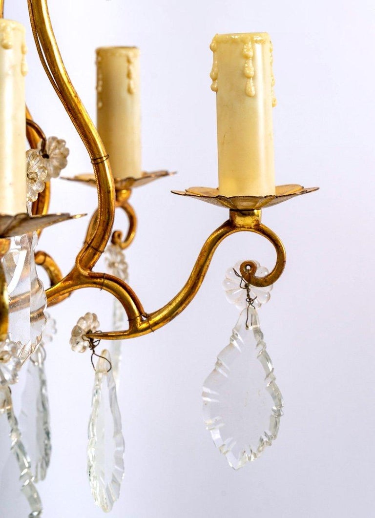 Bronze Cage Chandelier and Crystal Pendants, Six Lights, Style Louis XV, 20th For Sale at 1stDibs