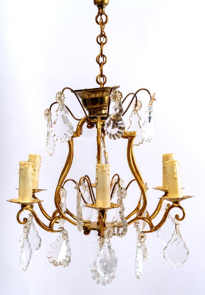 Bronze Cage Chandelier and Crystal Pendants, Six Lights, Style Louis XV, 20th For Sale 2