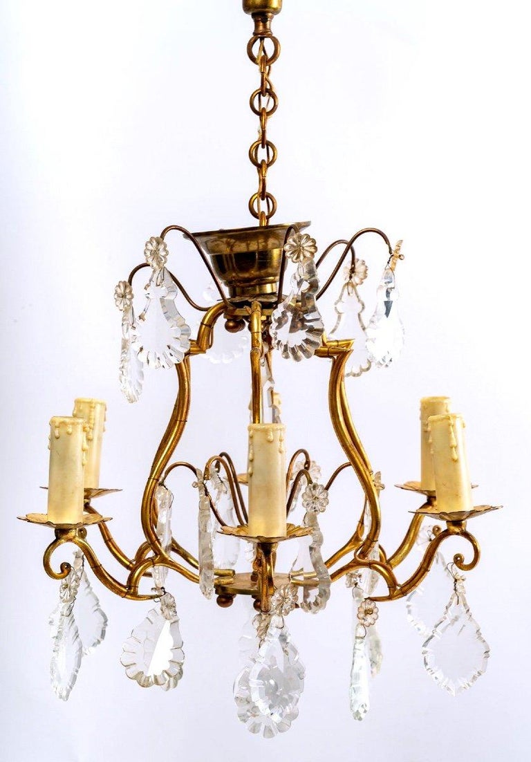 Bronze Cage Chandelier and Crystal Pendants, Six Lights, Style Louis XV, 20th For Sale at 1stDibs