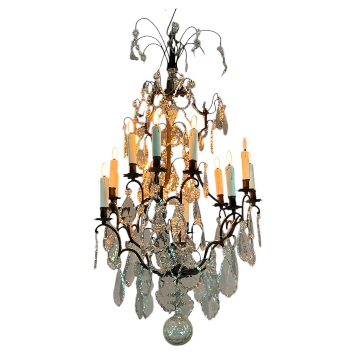 Bronze Cage Chandelier with Black Patina Decorated with Cut Crystal Pendants, Ar For Sale