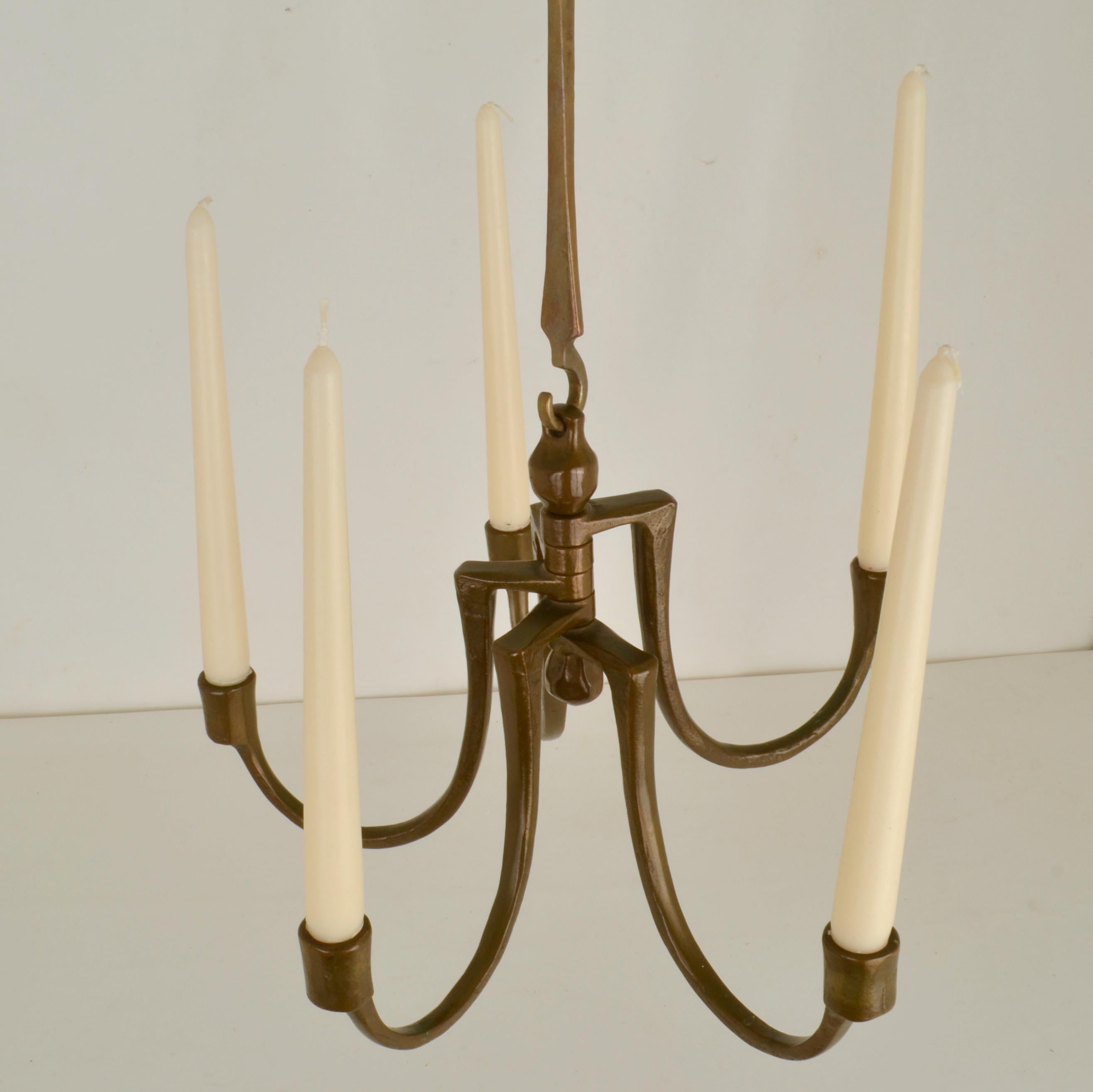 German Bronze Candelabra Chandelier for Five Candles by Harjes, 1970 For Sale