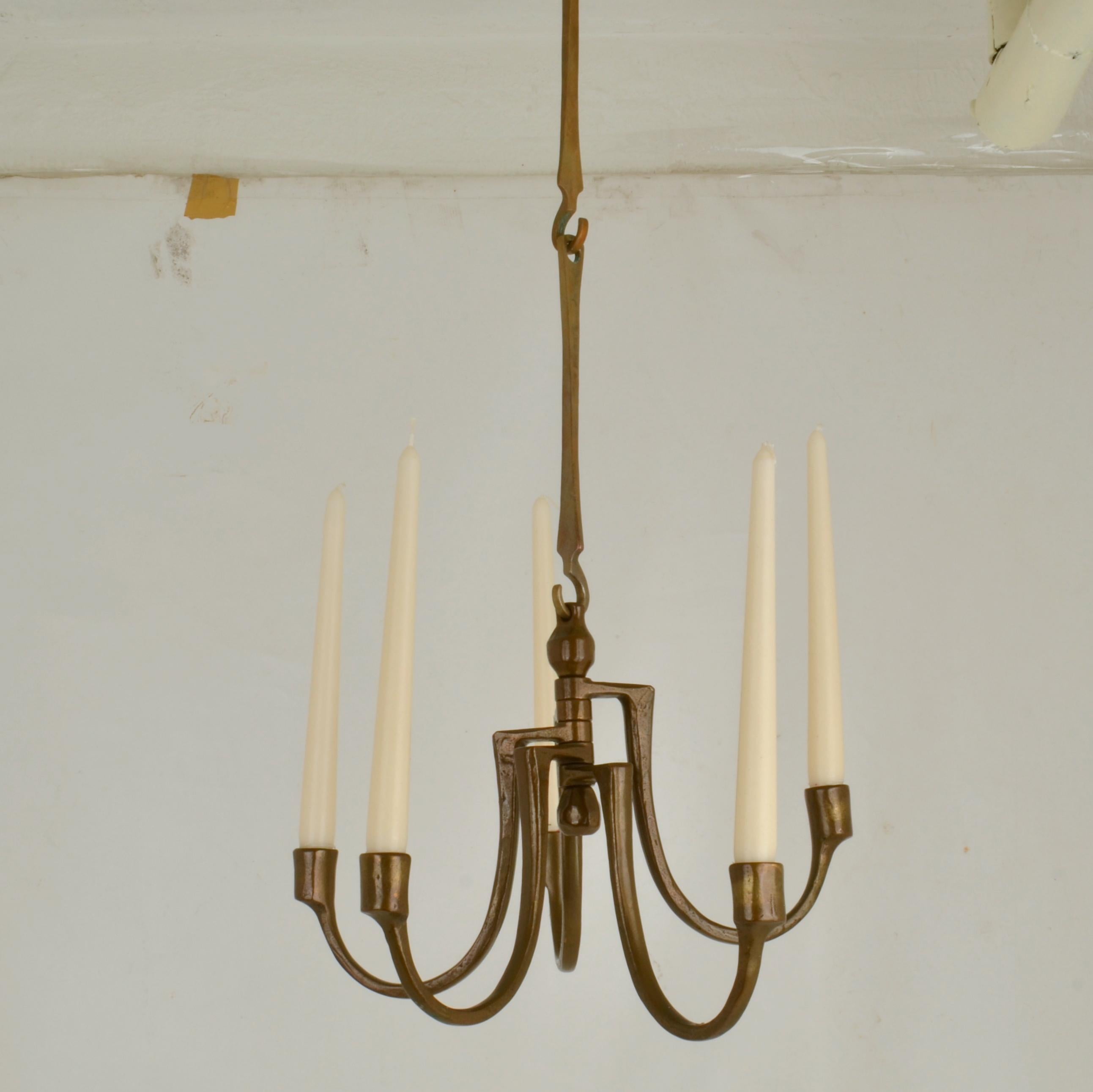 Bronze Candelabra Chandelier for Five Candles by Harjes, 1970 In Excellent Condition For Sale In London, GB