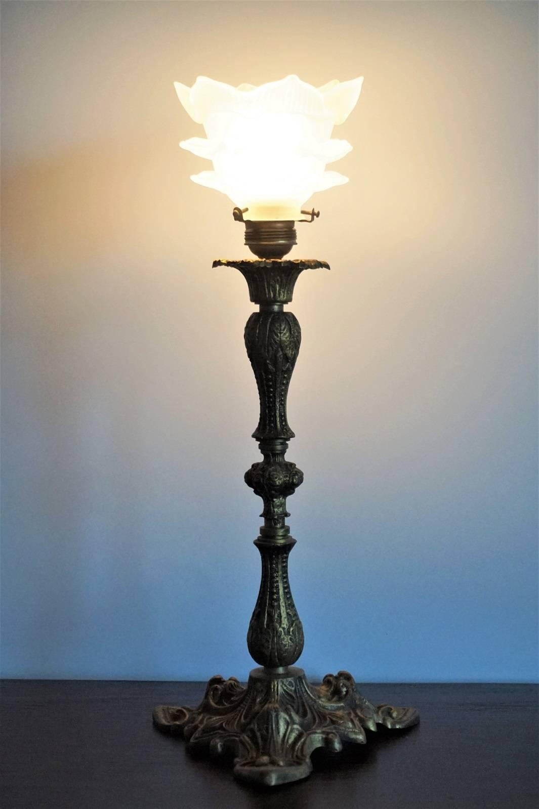 Portuguese Bronze Candelabra Table Lamp with Glass Tulip Shade