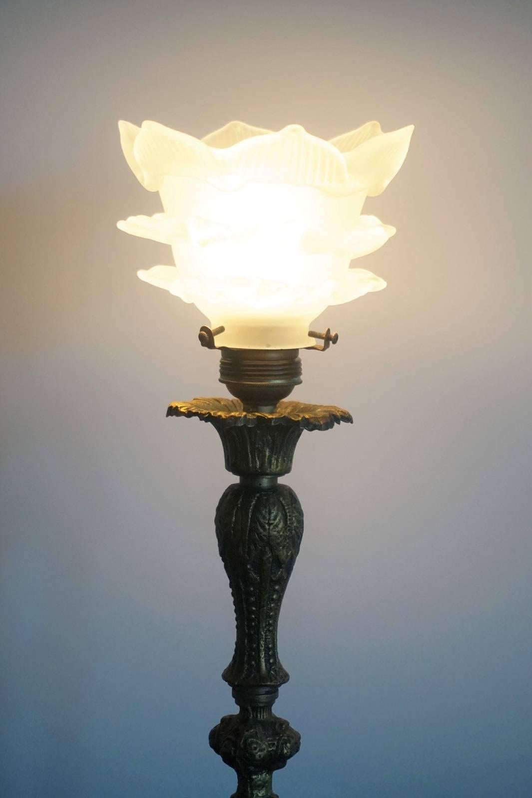 Cast Bronze Candelabra Table Lamp with Glass Tulip Shade