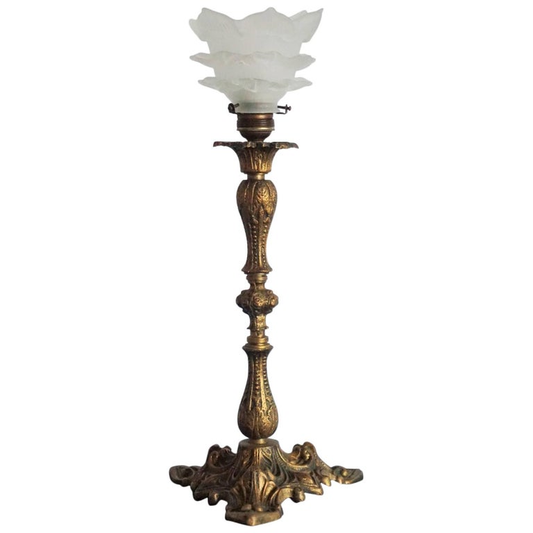 Bronze Candelabra Table Lamp with Glass Tulip Shade at 1stDibs