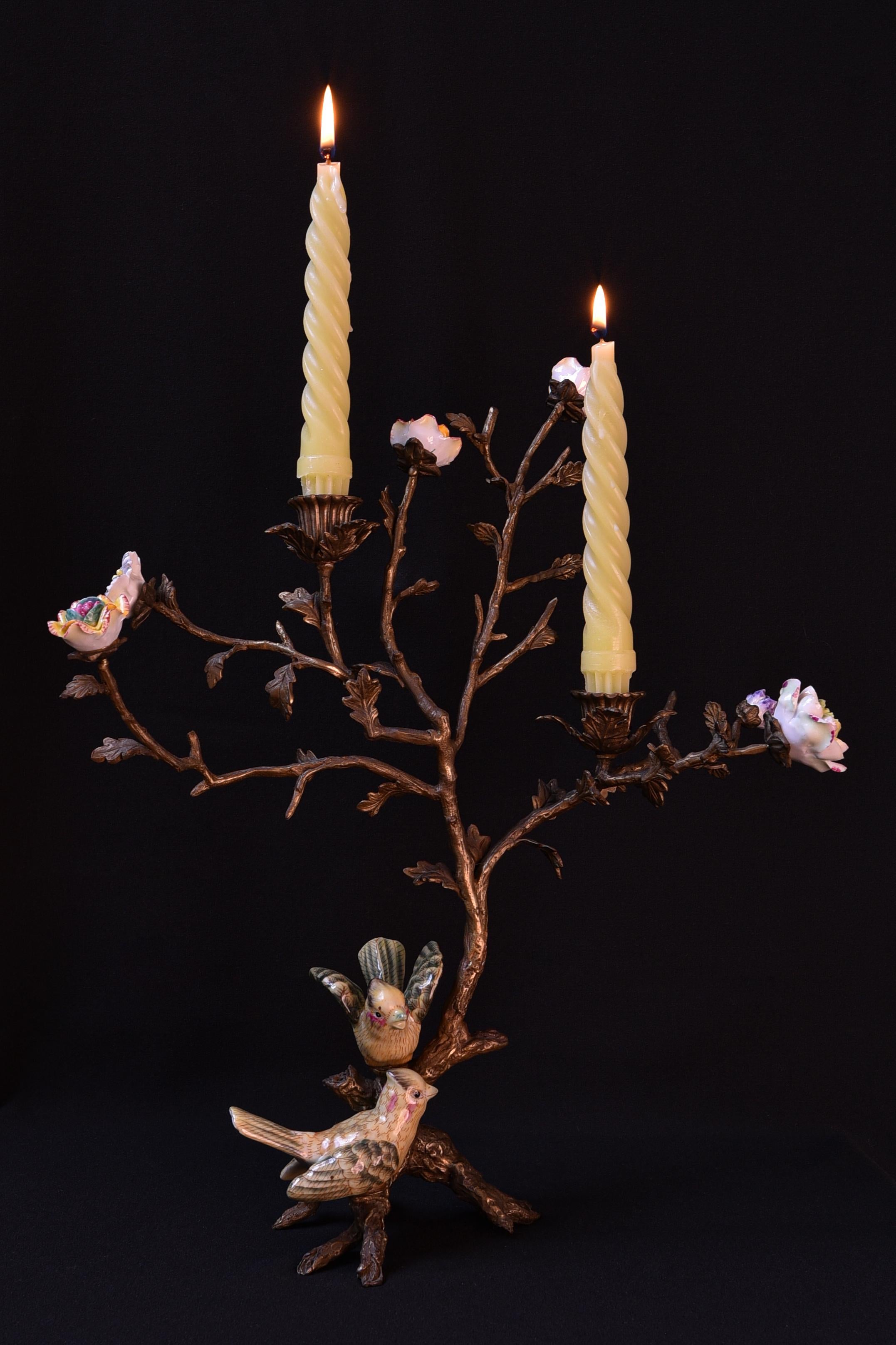 Bronze candle holder with ceramic birds and flowers For Sale 4