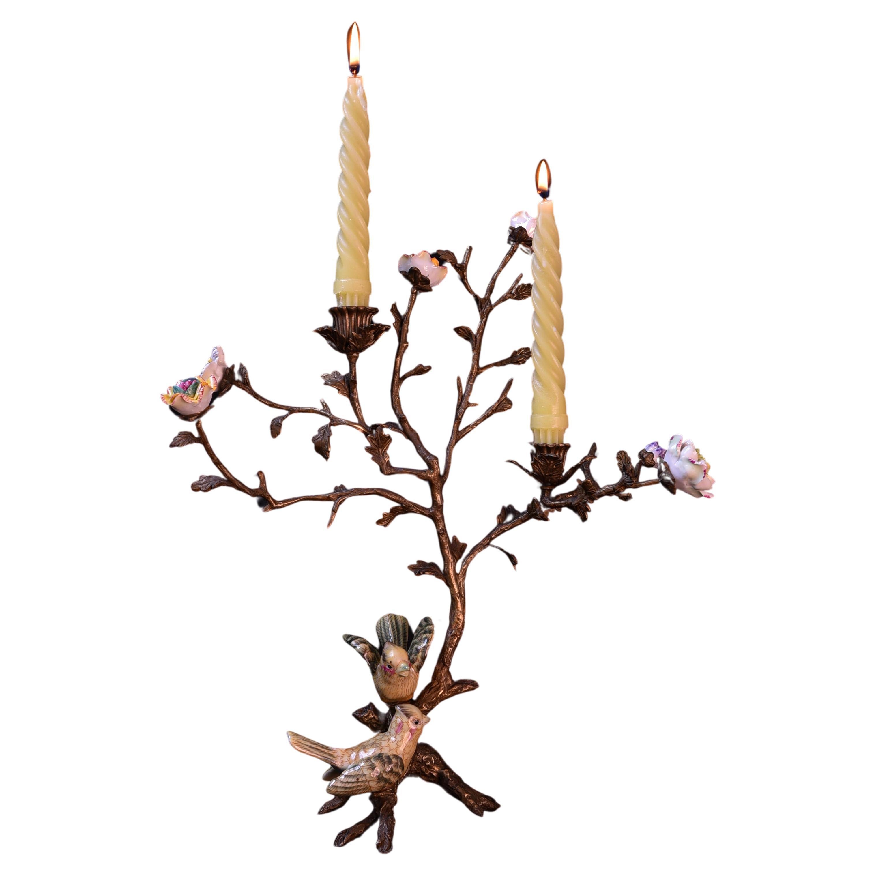 Bronze candle holder with ceramic birds and flowers For Sale