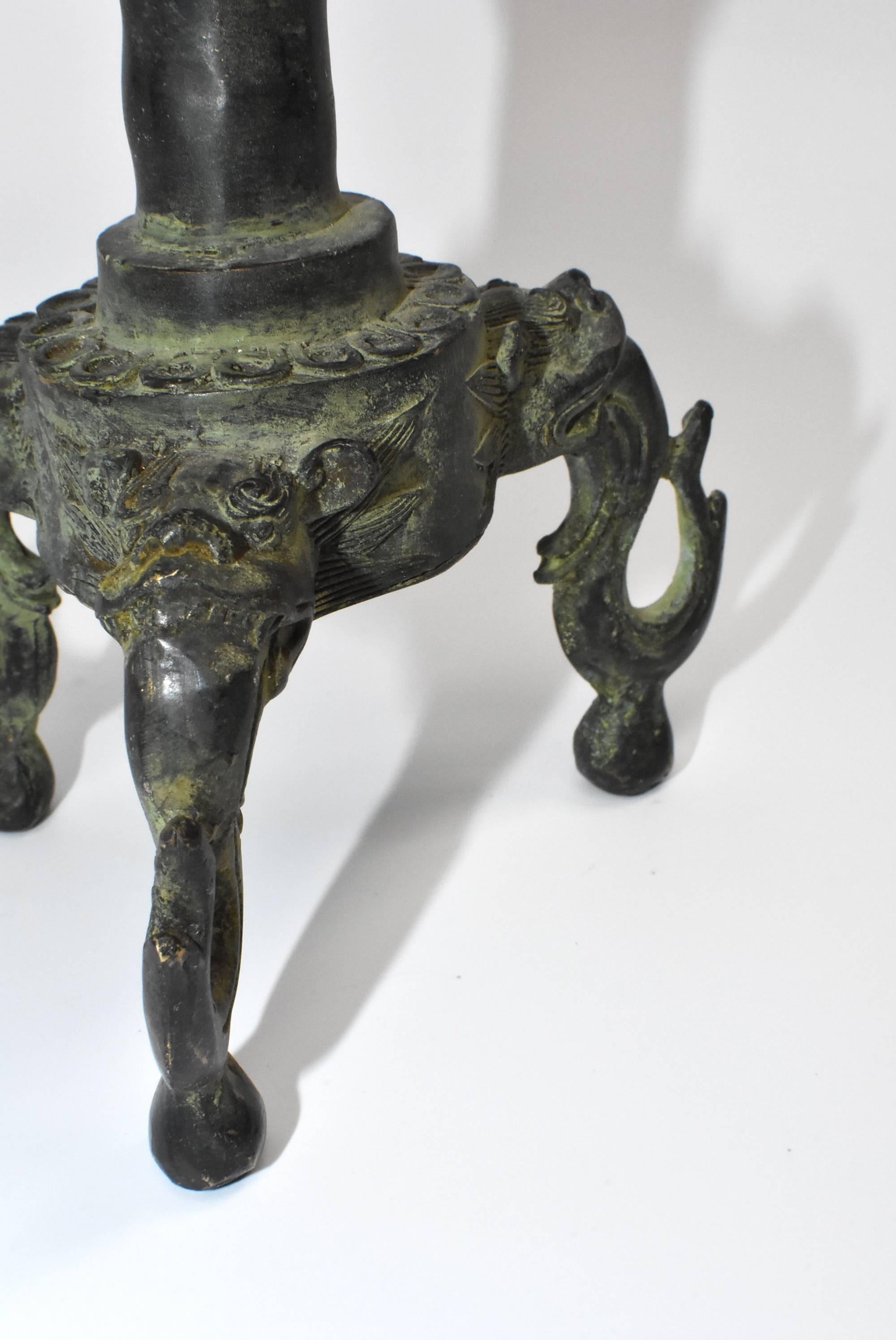 Bronze Candleholder with Lotus Leaf and Frog For Sale 3
