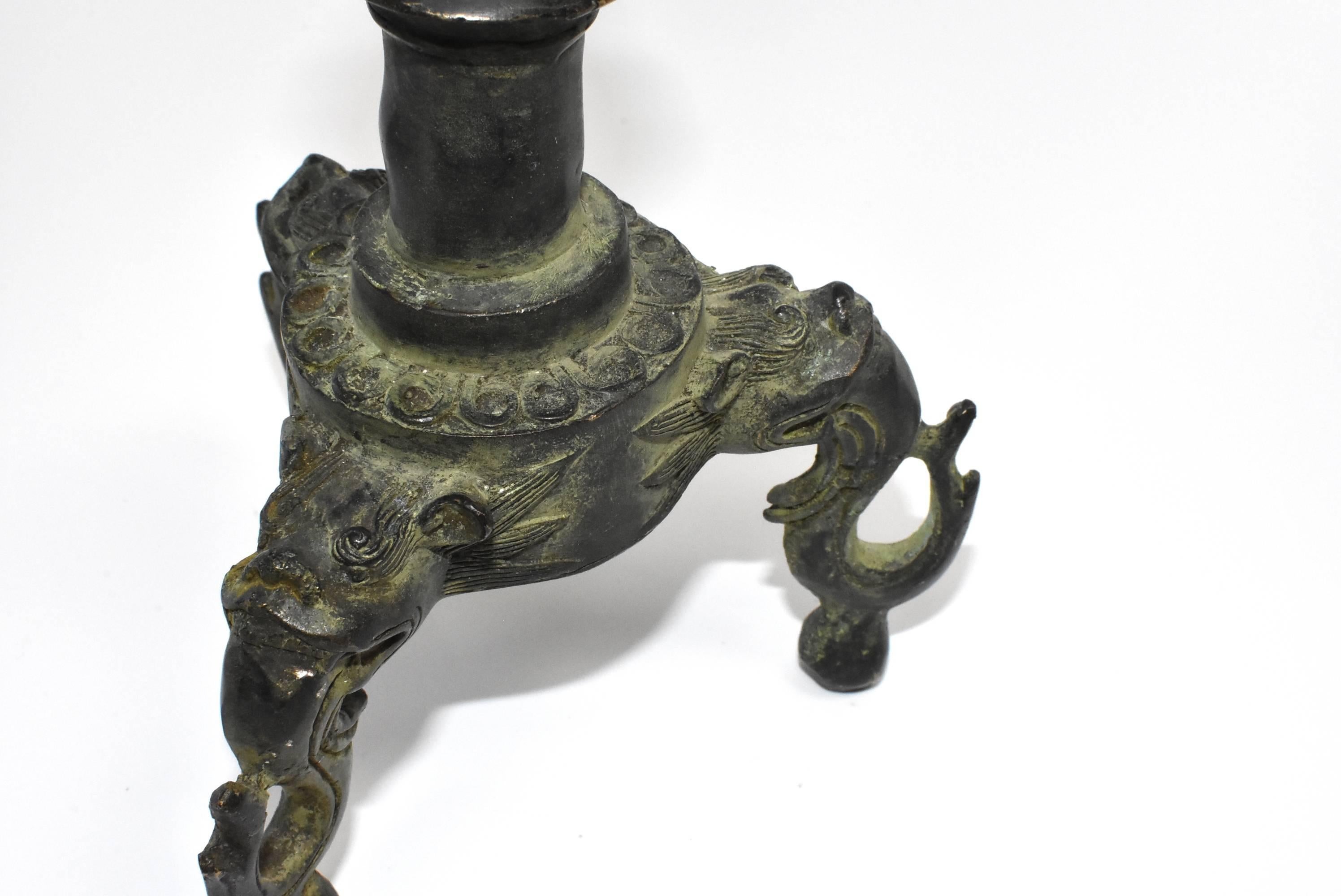 Bronze Candleholder with Lotus Leaf and Frog For Sale 8