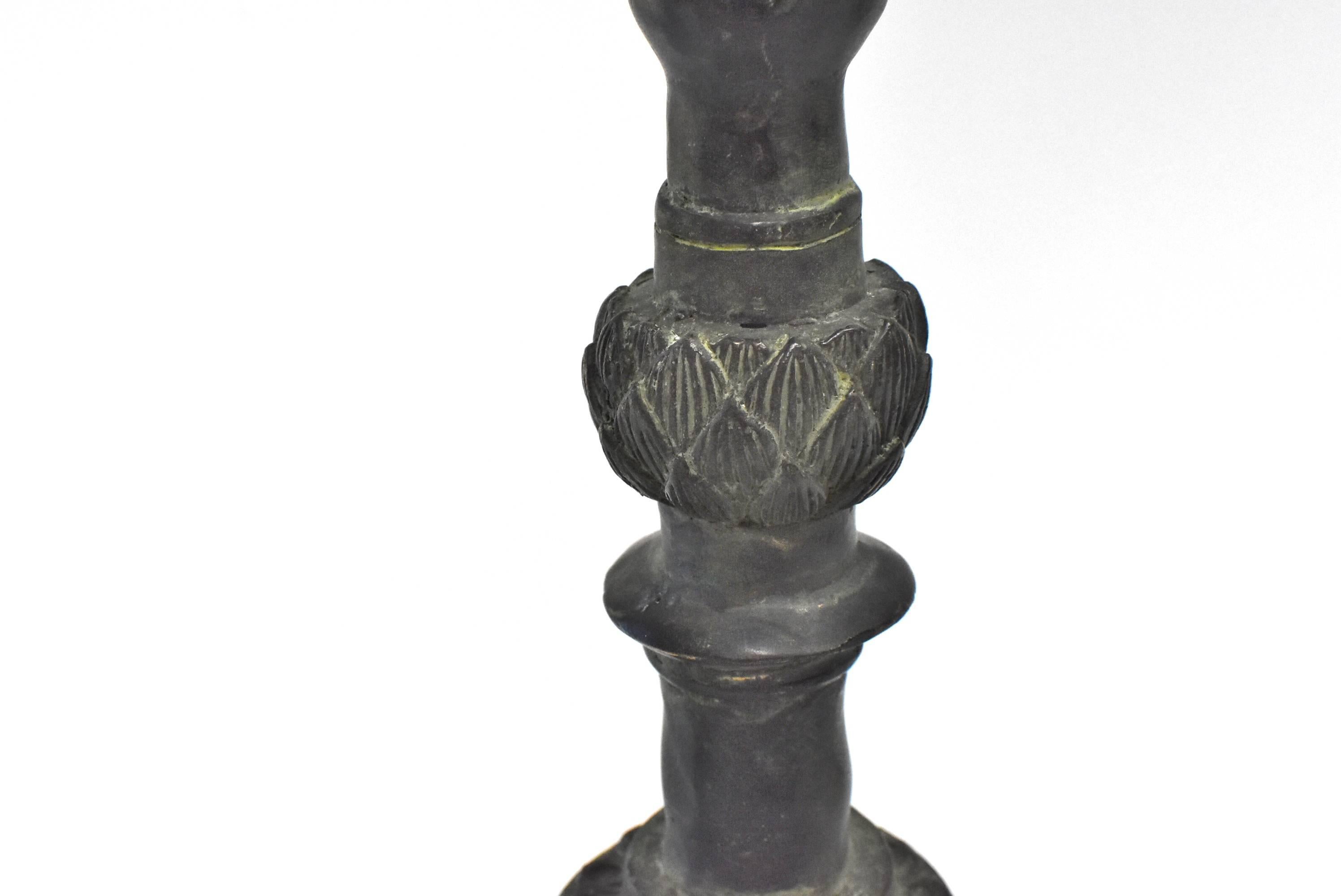 Chinese Bronze Candleholder with Lotus Leaf and Frog For Sale