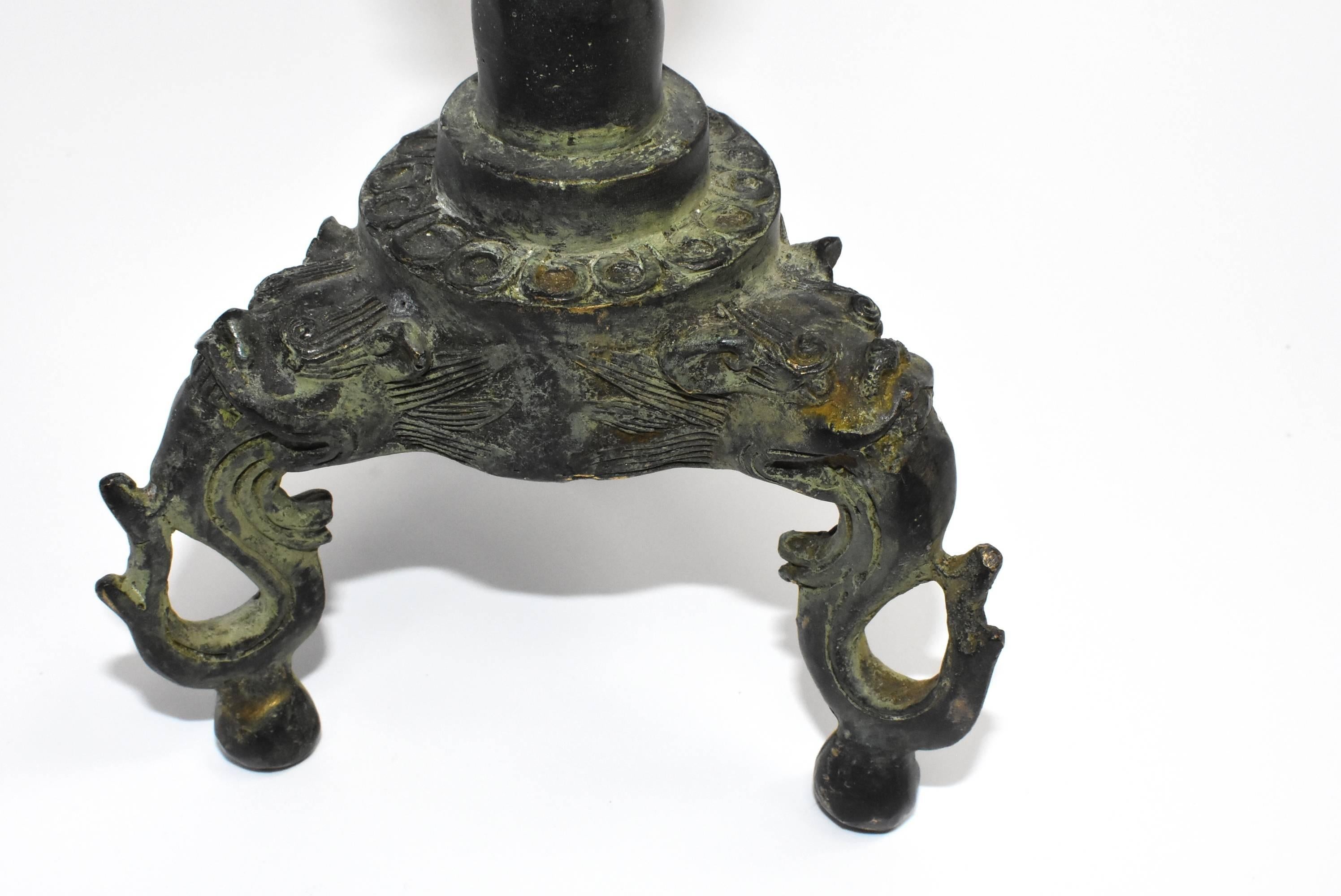 Bronze Candleholder with Lotus Leaf and Frog In Good Condition For Sale In Somis, CA