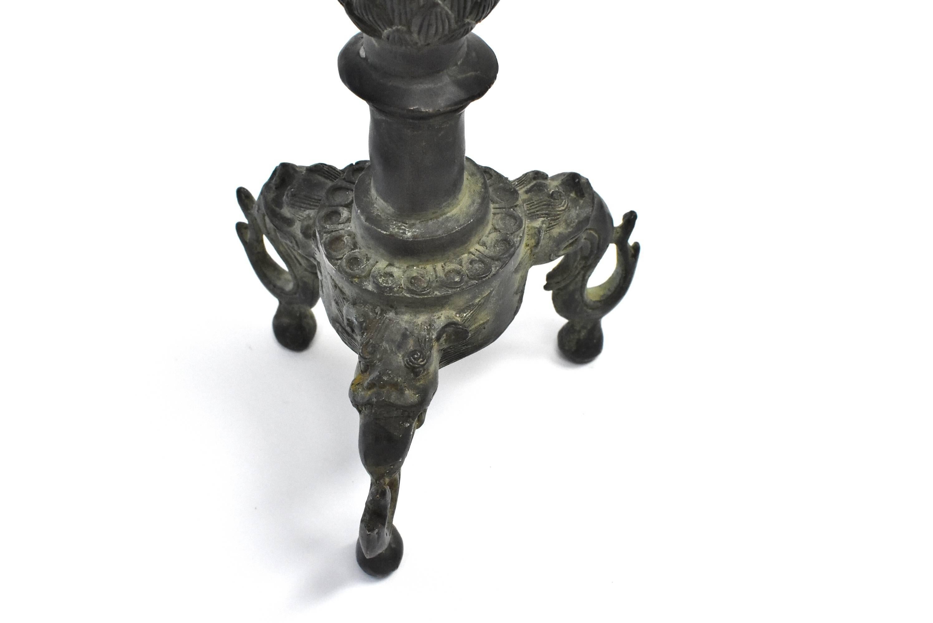 20th Century Bronze Candleholder with Lotus Leaf and Frog For Sale