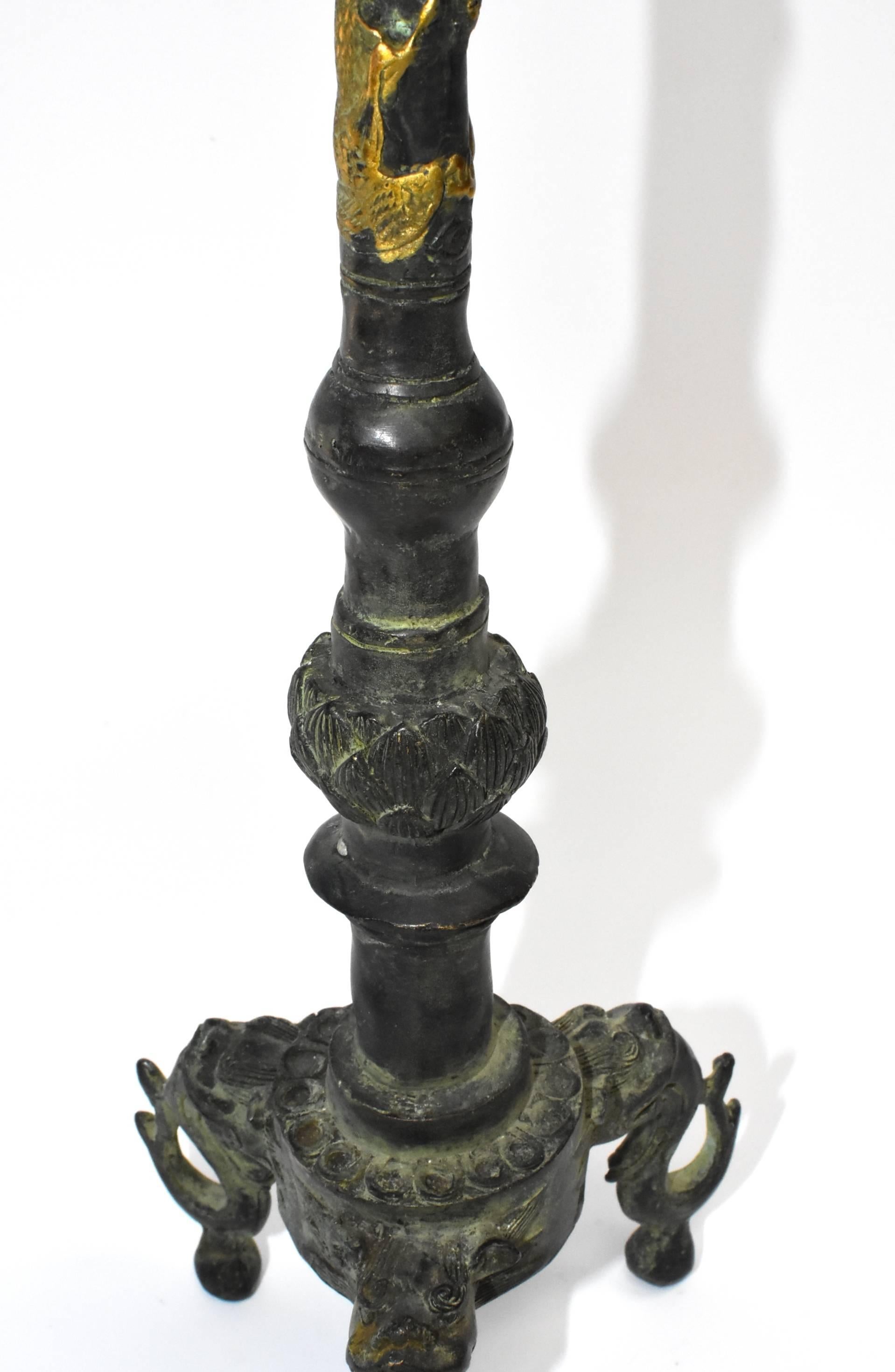 Bronze Candleholder with Lotus Leaf and Frog For Sale 1