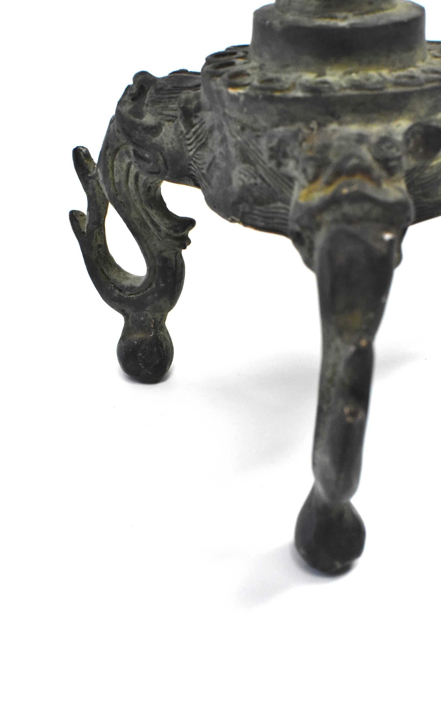 Bronze Candleholder with Lotus Leaf and Frog For Sale 2