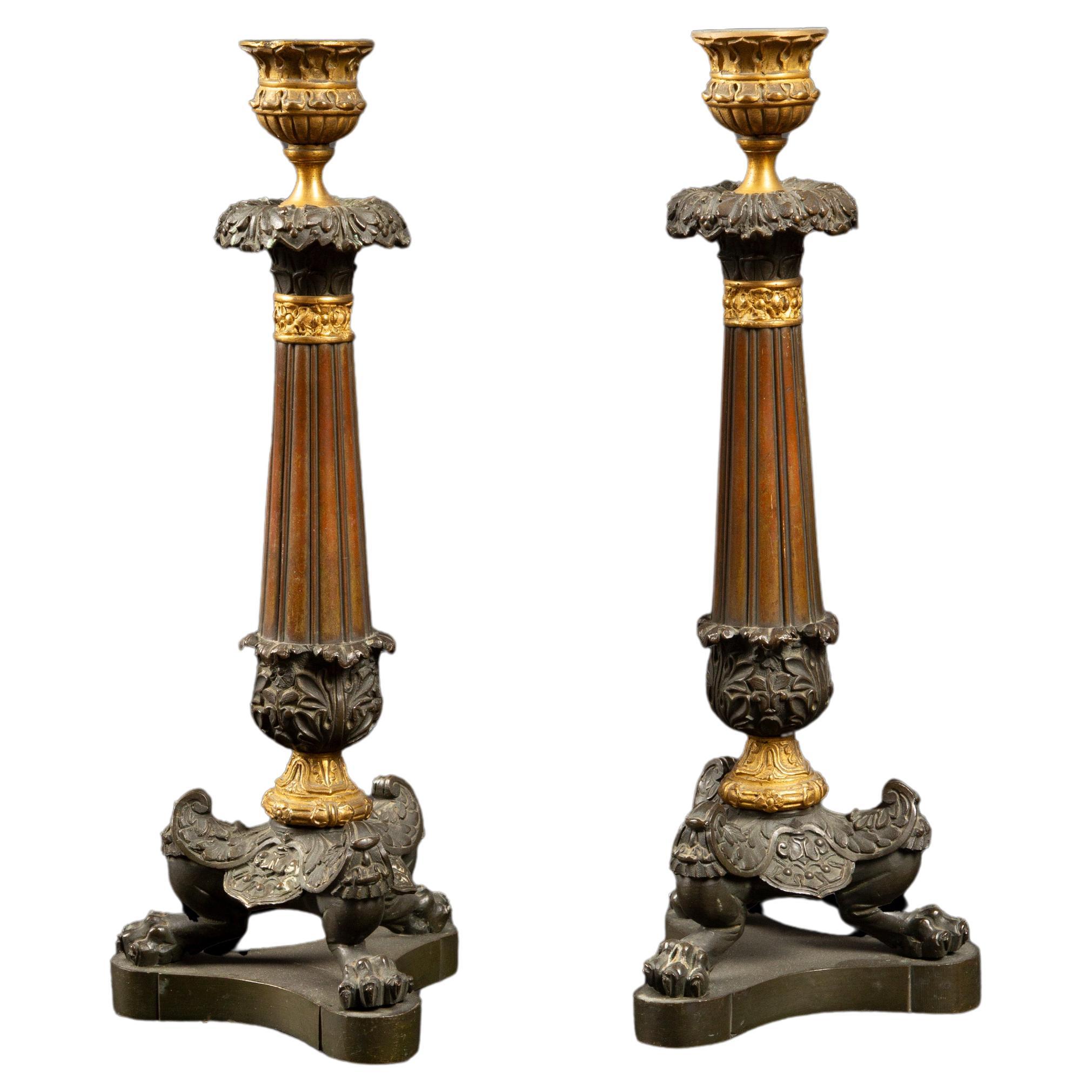 Bronze Candlestick Pair For Sale
