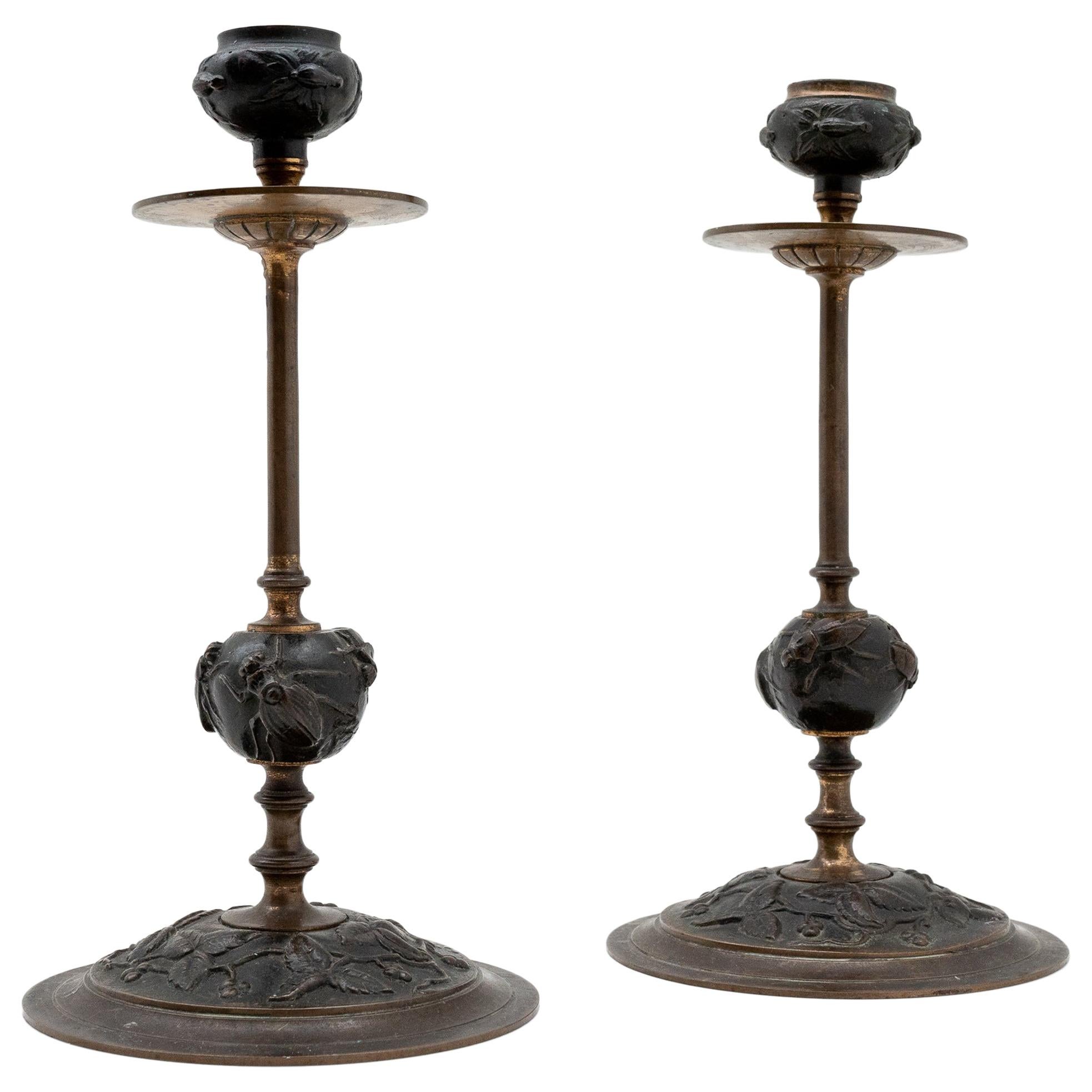 Bronze Candlestick Pair with Insect/Leaf Decoration, French, 19th Century