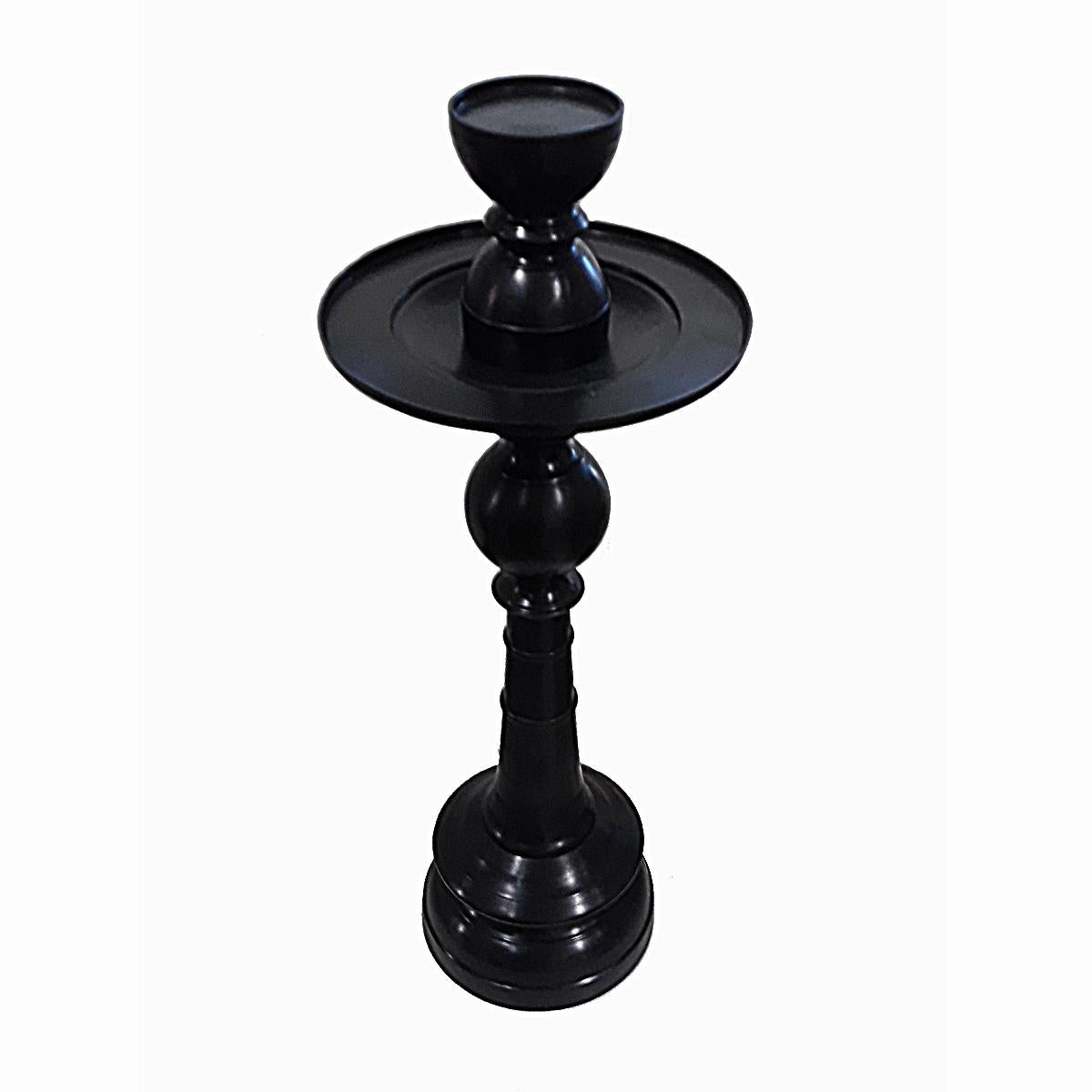 A tall bronze candlestick in forged bronze, black finish. Contemporary. The 9-inch diameter top plate is designed to hold large size candles, and includes a removable top that holds smaller size candles. 25.5 inches tall, with a seven-inch base. A